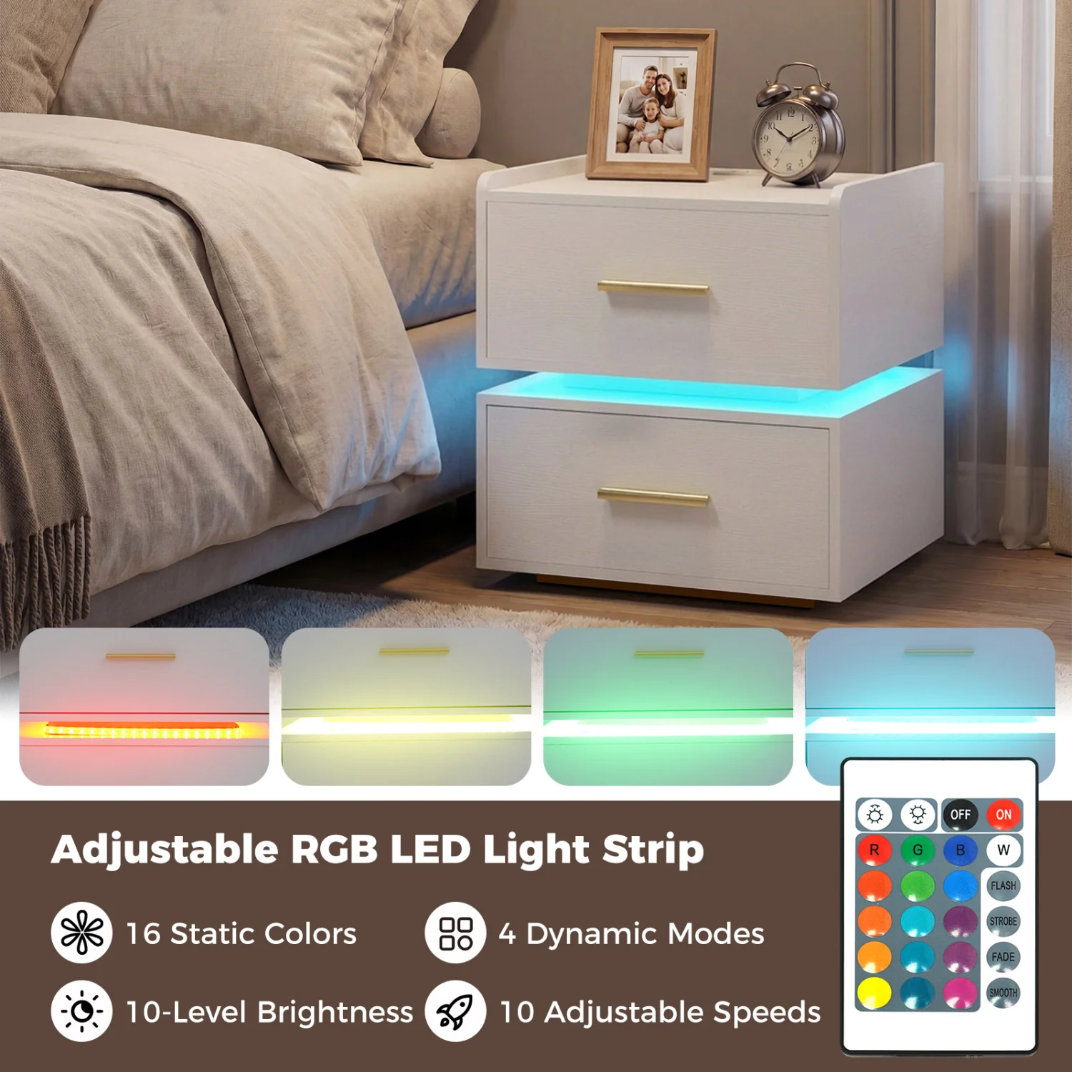 LED Nightstand With Charging Station, 2 Storage Drawers, White - Image 6