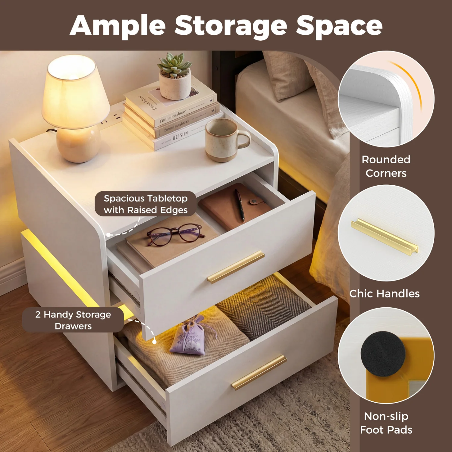 LED Nightstand With Charging Station, 2 Storage Drawers, White - Image 8