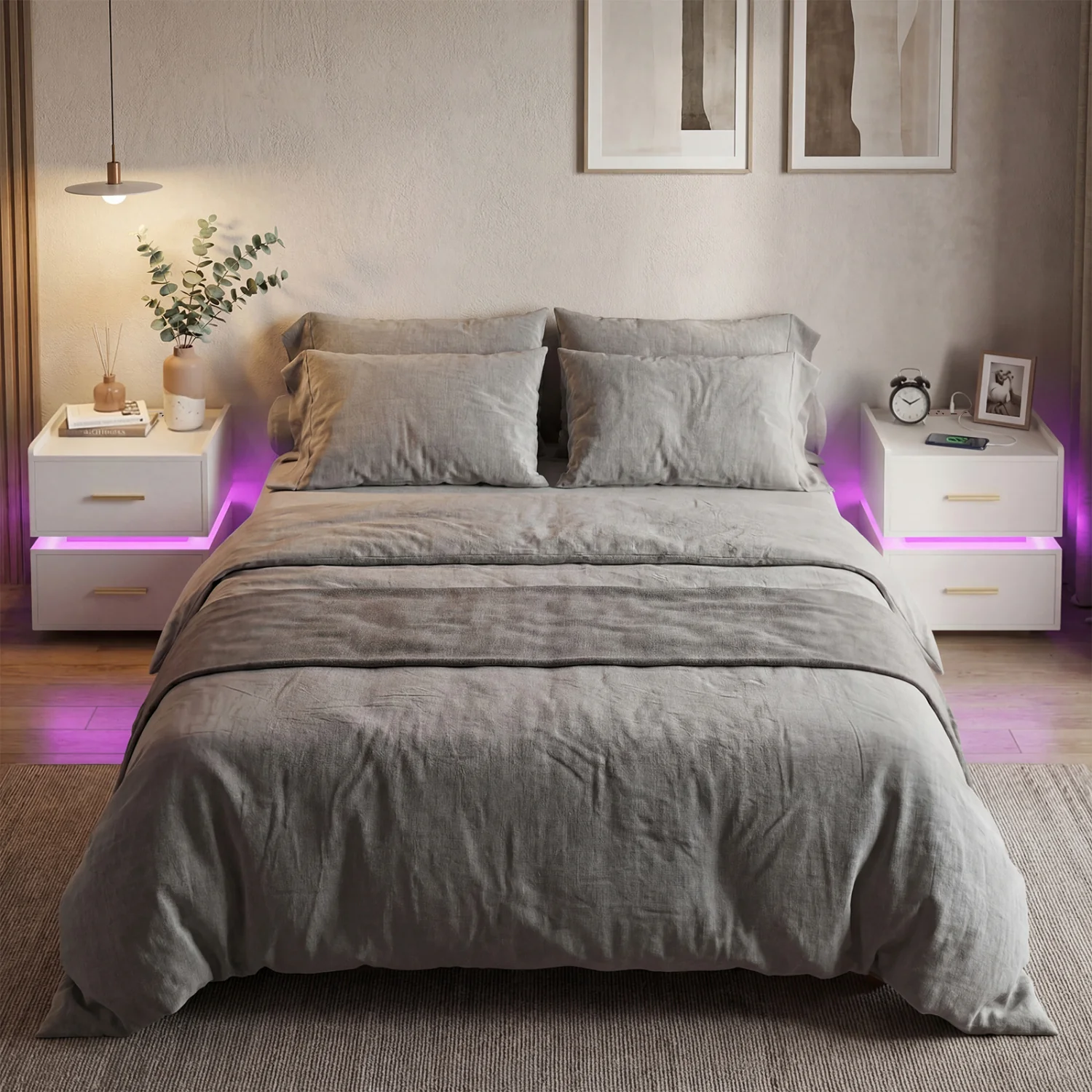 LED Nightstand With Charging Station, 2 Storage Drawers, White - Image 9