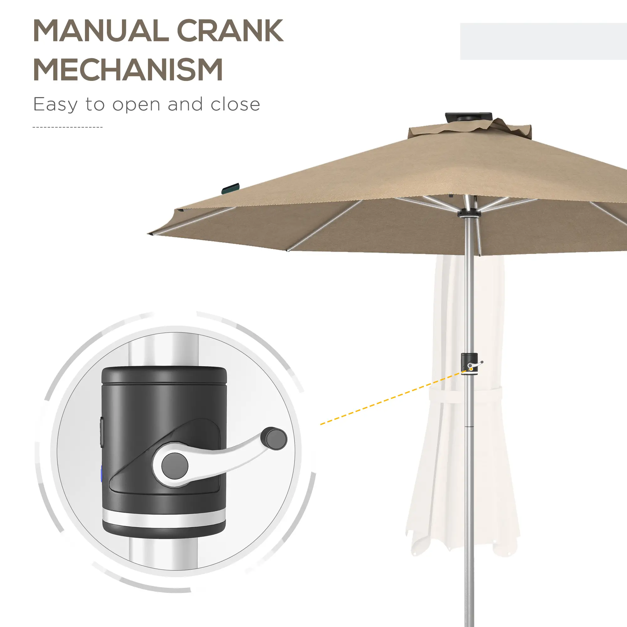 LED Patio Umbrella, Solar & USB Charging, 4 Lighting Modes, Khaki - Image 6