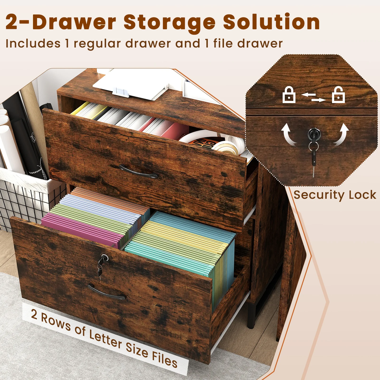 Letter Size Lateral File Cabinet With Lock, Bookshelf, Rustic Brown - Image 10
