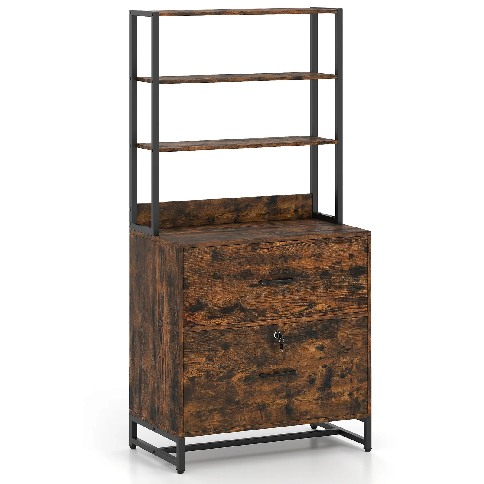 Letter Size Lateral File Cabinet With Lock, Bookshelf, Rustic Brown - Image 4