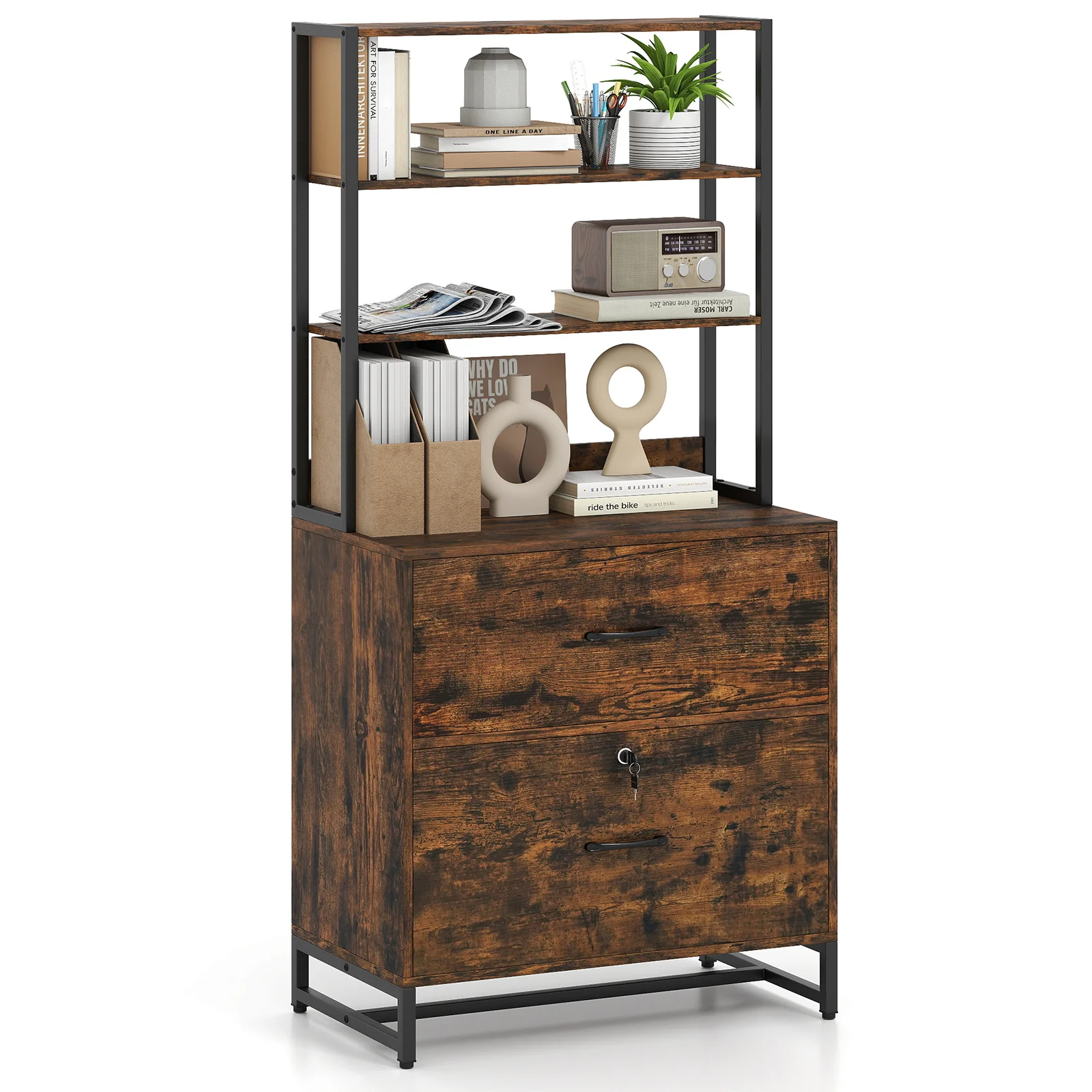 Letter Size Lateral File Cabinet With Lock, Bookshelf, Rustic Brown - Image 5