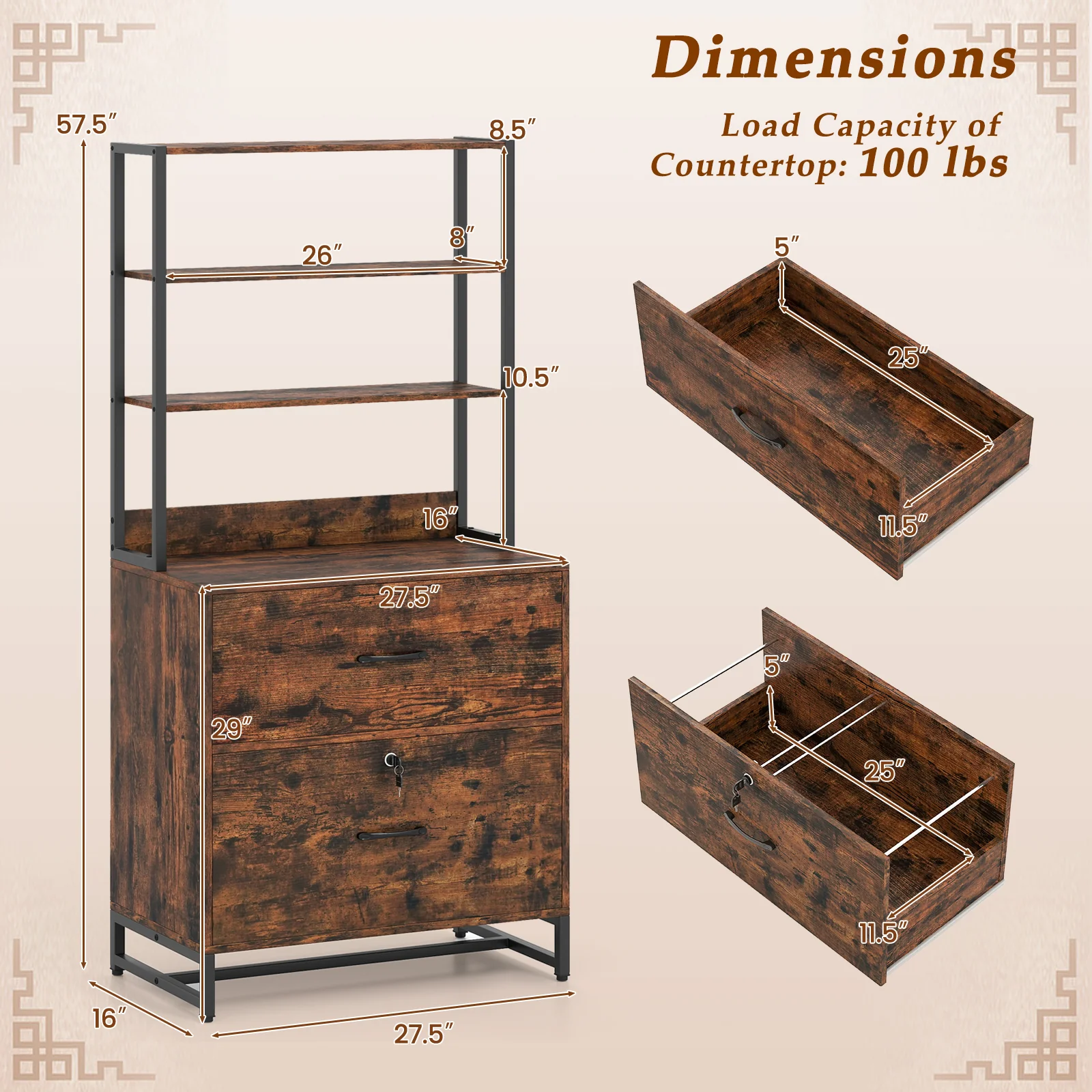 Letter Size Lateral File Cabinet With Lock, Bookshelf, Rustic Brown - Image 6
