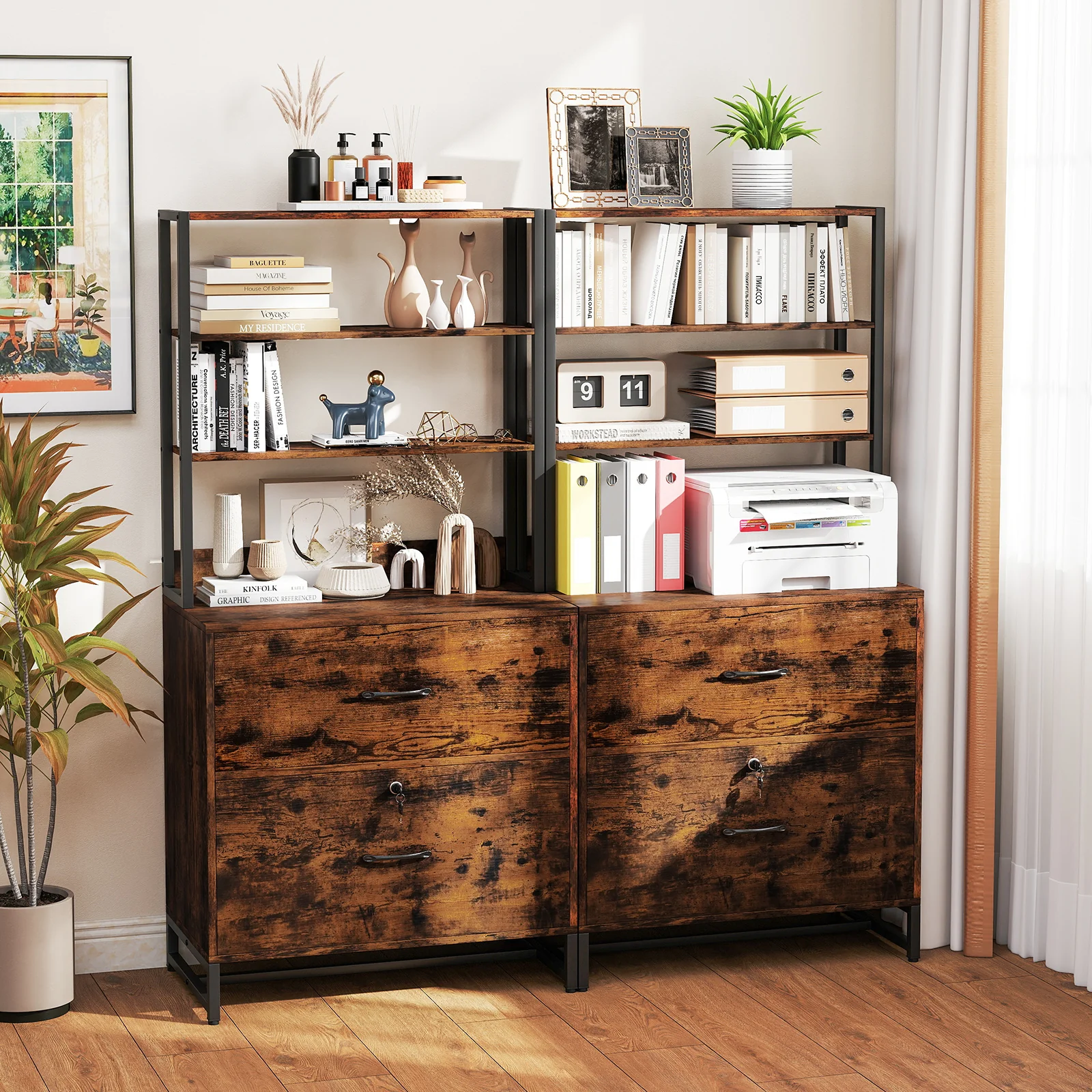 Letter Size Lateral File Cabinet With Lock, Bookshelf, Rustic Brown - Image 7