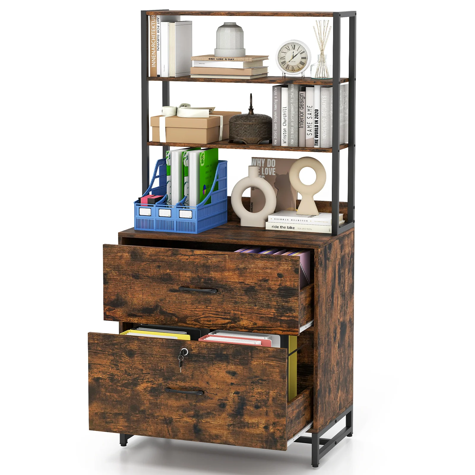 Letter Size Lateral File Cabinet With Lock, Bookshelf, Rustic Brown - Image 8