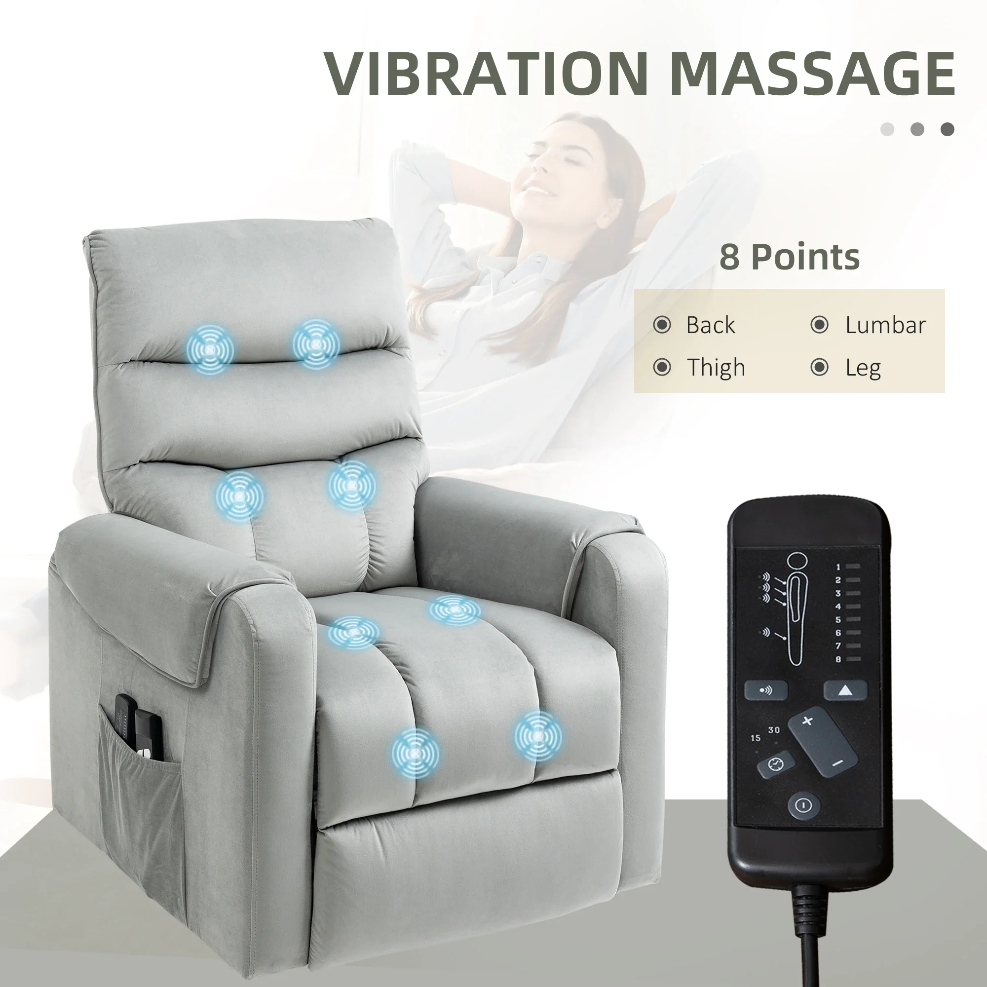 Lift Chair, Massage Recliner with 8 Vibration Points, Footrest, Remote, Grey - Image 6