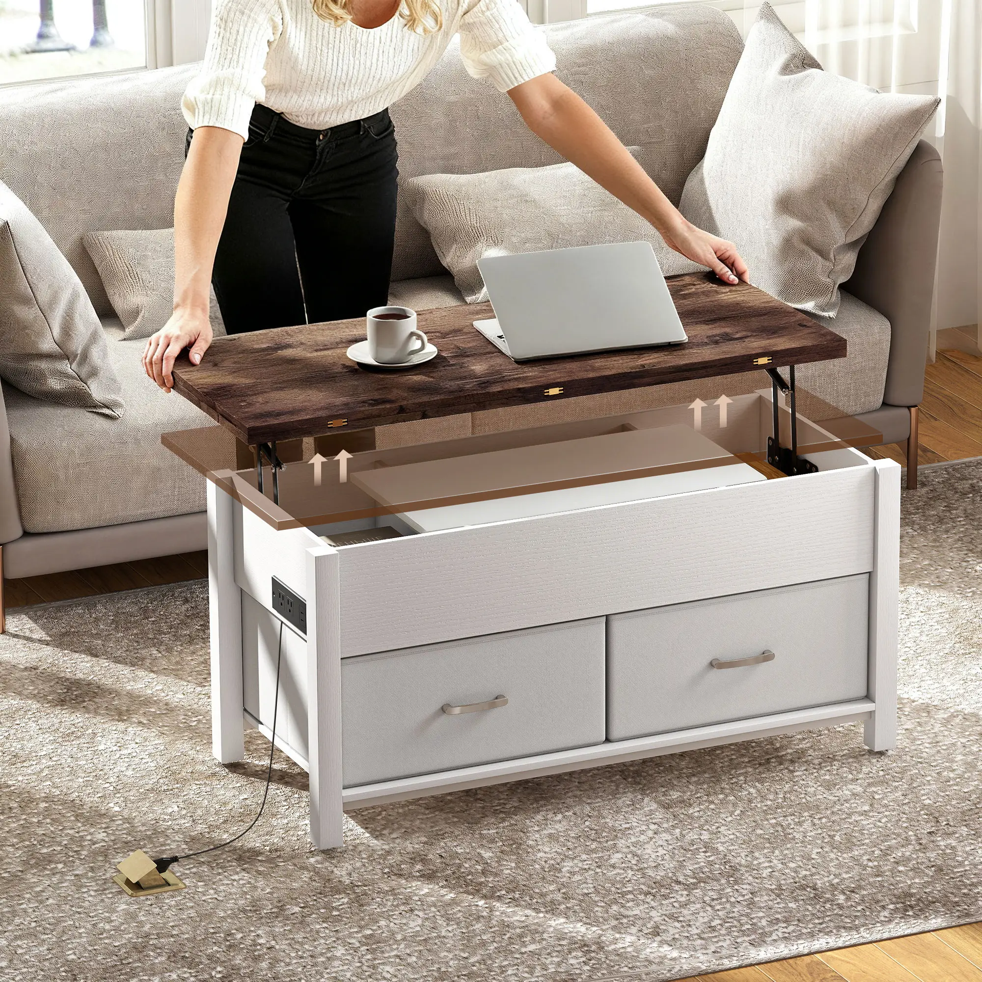 Lift Top Coffee Table, 3 Hidden Compartments, 2 Fabric Drawers - Image 10