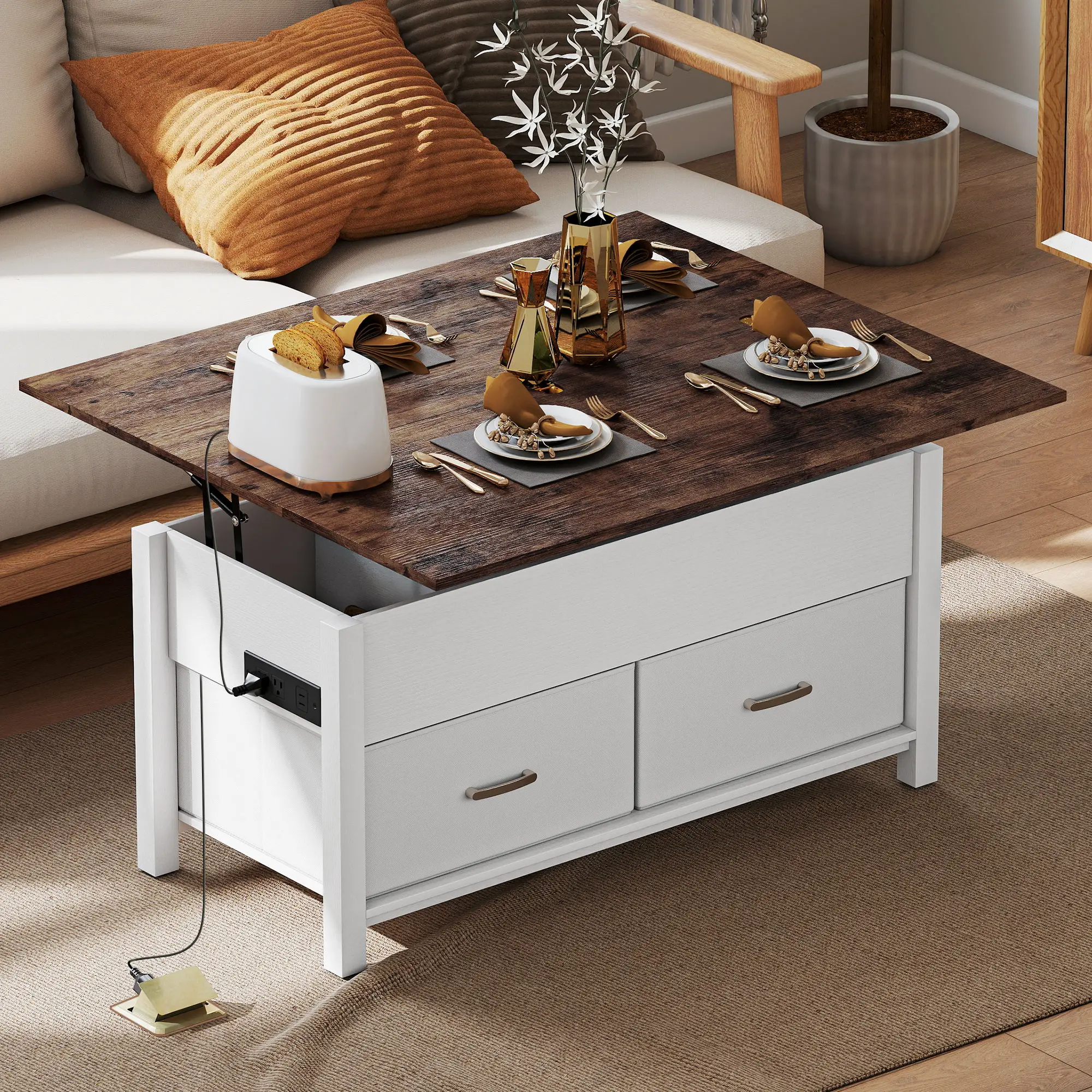 Lift Top Coffee Table, 3 Hidden Compartments, 2 Fabric Drawers - Image 2