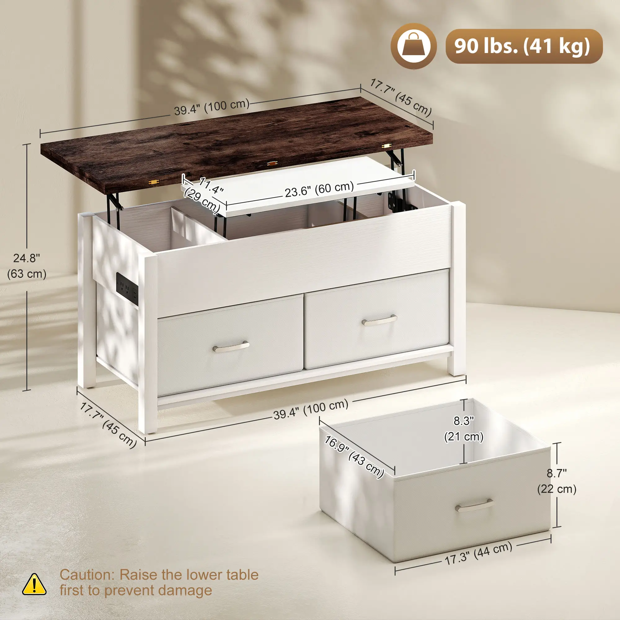 Lift Top Coffee Table, 3 Hidden Compartments, 2 Fabric Drawers - Image 3