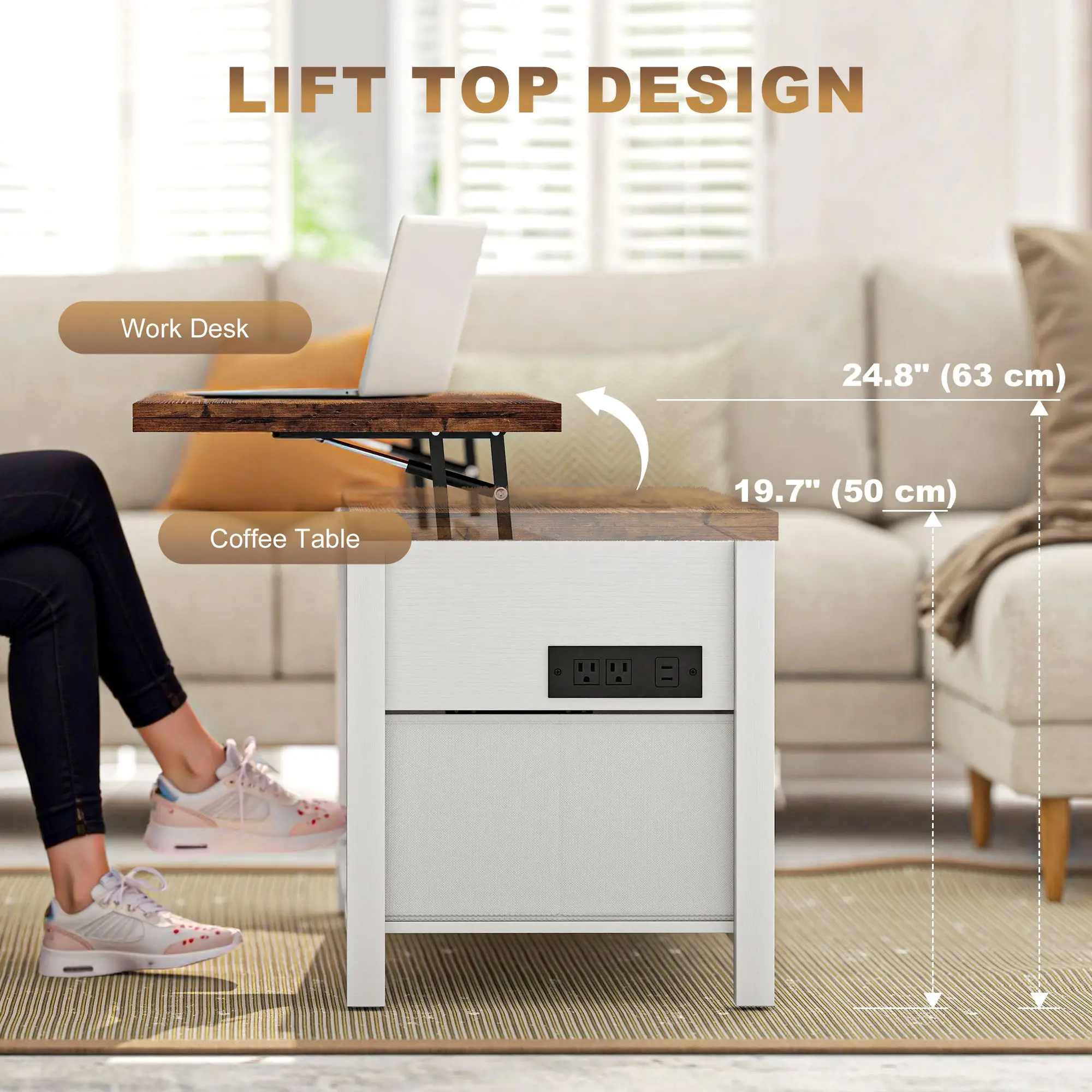 Lift Top Coffee Table, 3 Hidden Compartments, 2 Fabric Drawers - Image 4