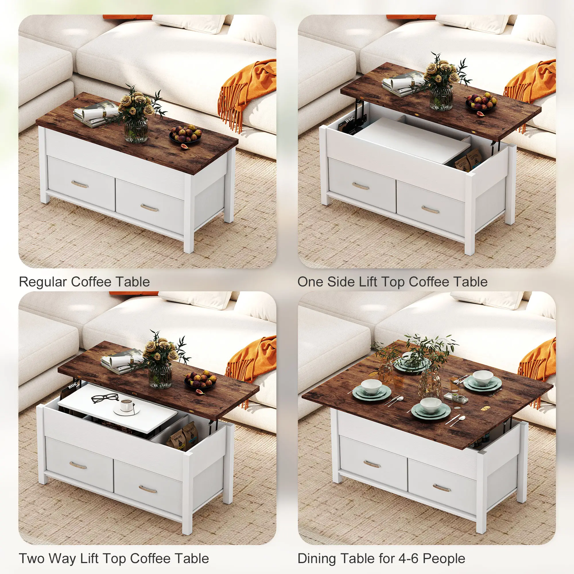 Lift Top Coffee Table, 3 Hidden Compartments, 2 Fabric Drawers - Image 5