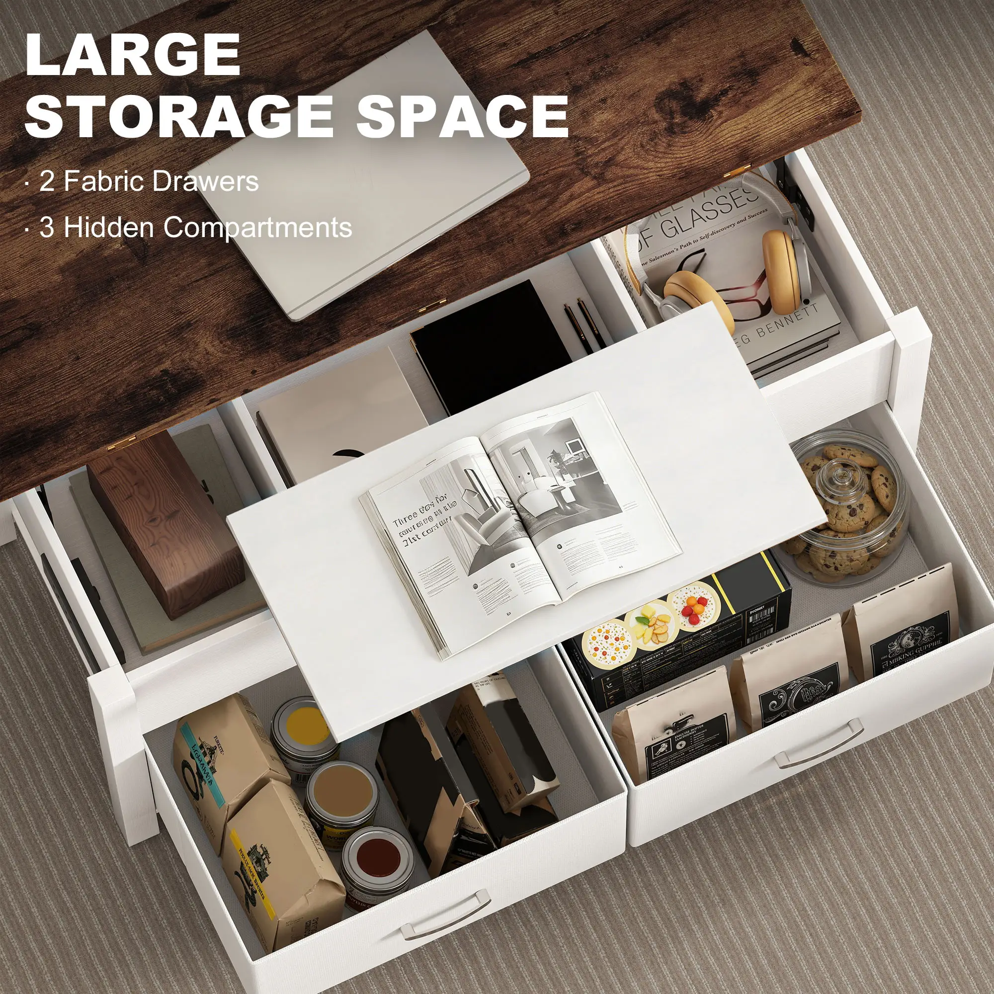 Lift Top Coffee Table, 3 Hidden Compartments, 2 Fabric Drawers - Image 7