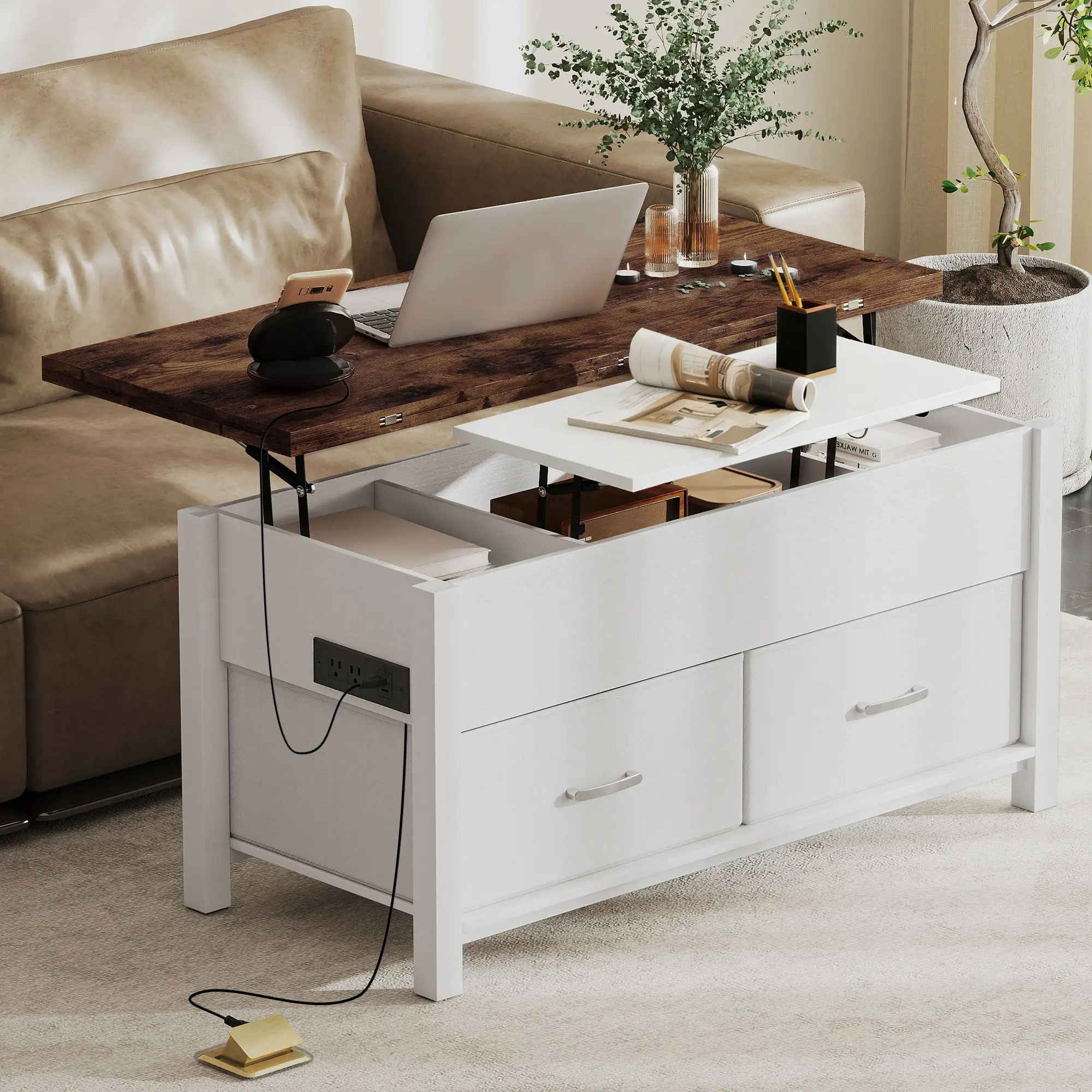 Lift Top Coffee Table, 3 Hidden Compartments, 2 Fabric Drawers - Image 8