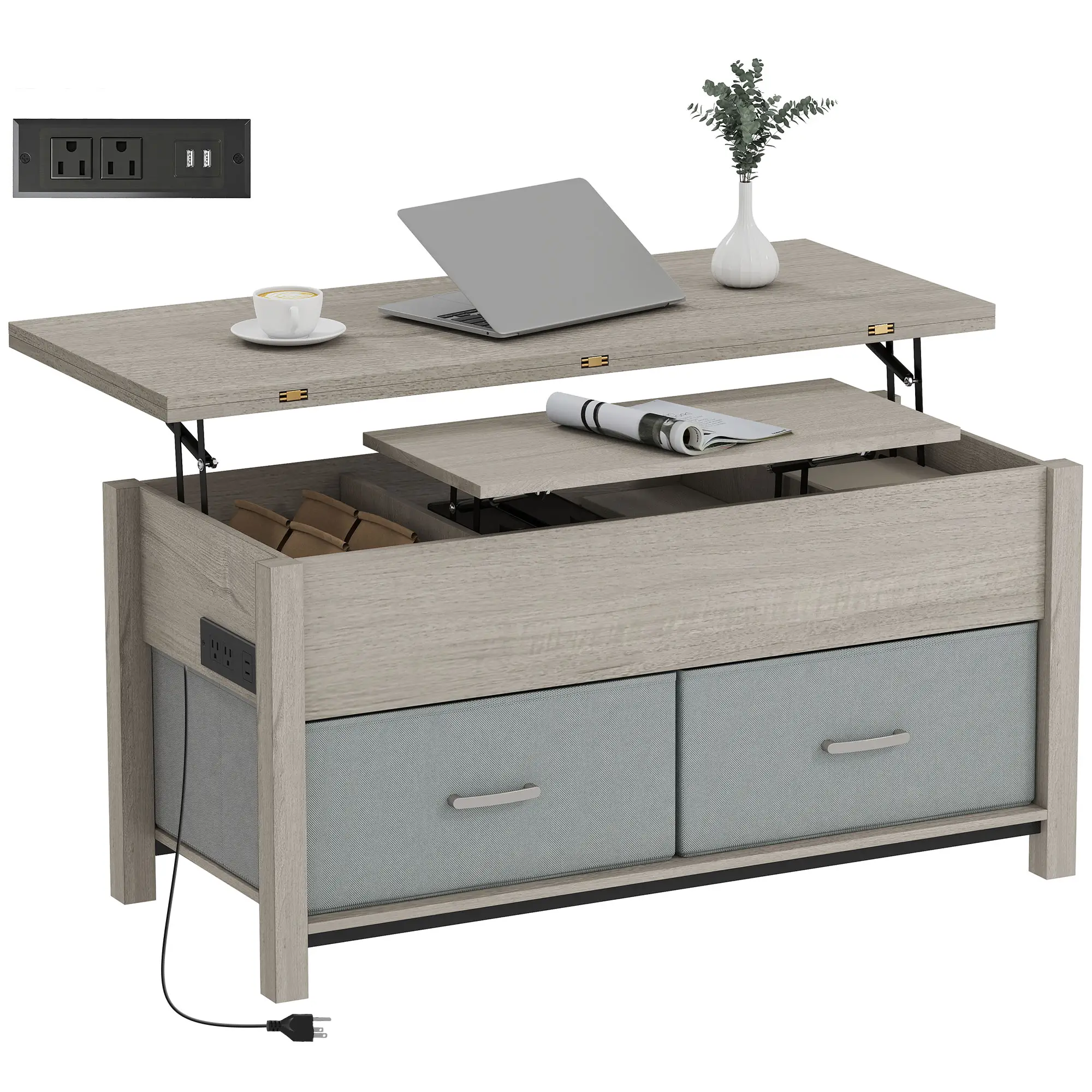 Lift Top Coffee Table, 3 Hidden Compartments, 2 Fabric Drawers, Expandable Top, Charging Station
