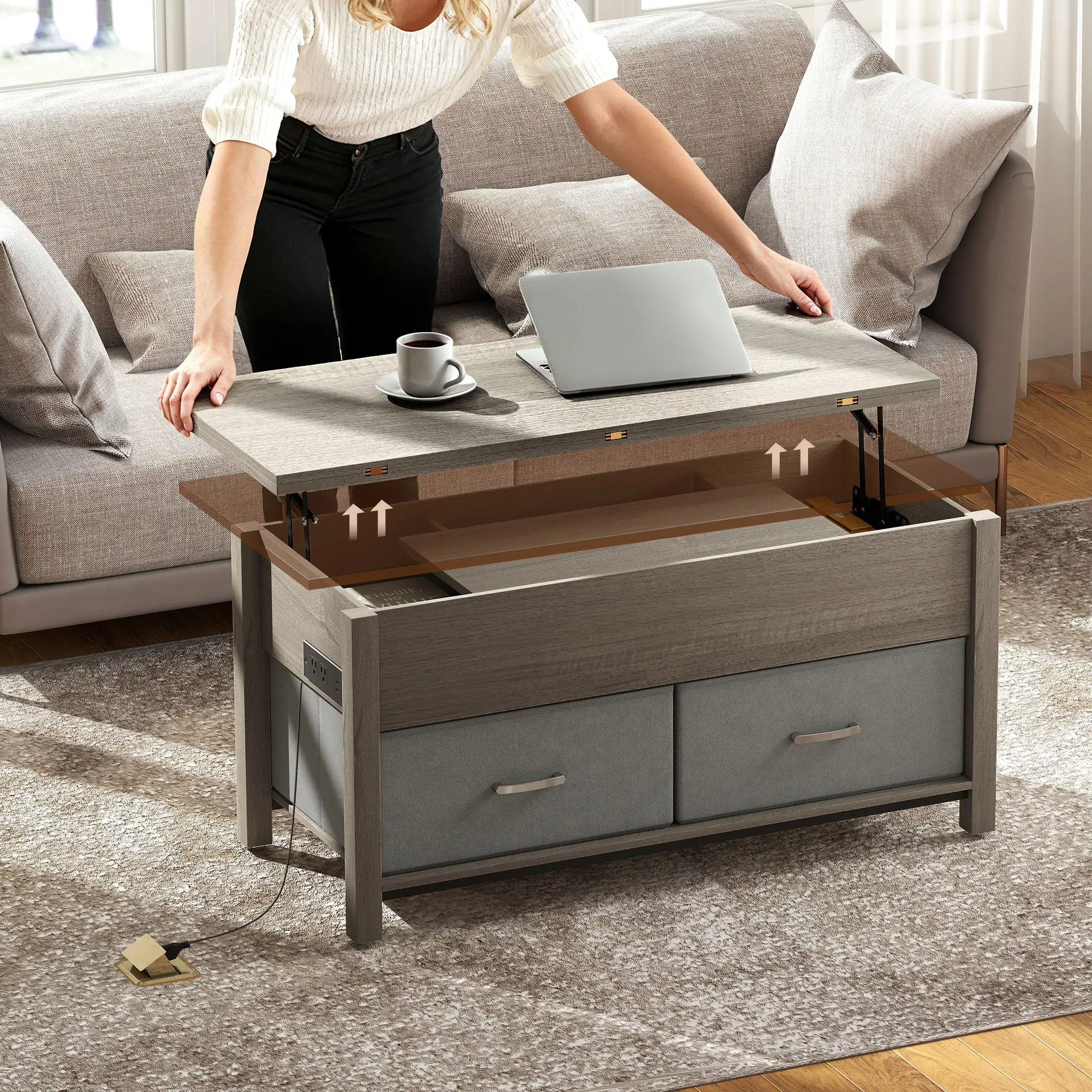 Lift Top Coffee Table, 3 Hidden Compartments, 2 Fabric Drawers, Expandable Top, Charging Station - Image 10