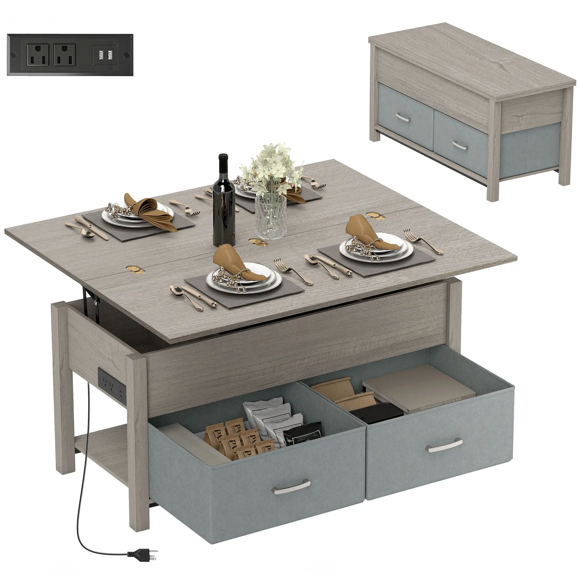 Lift Top Coffee Table, 3 Hidden Compartments, 2 Fabric Drawers, Expandable Top, Charging Station - Image 11