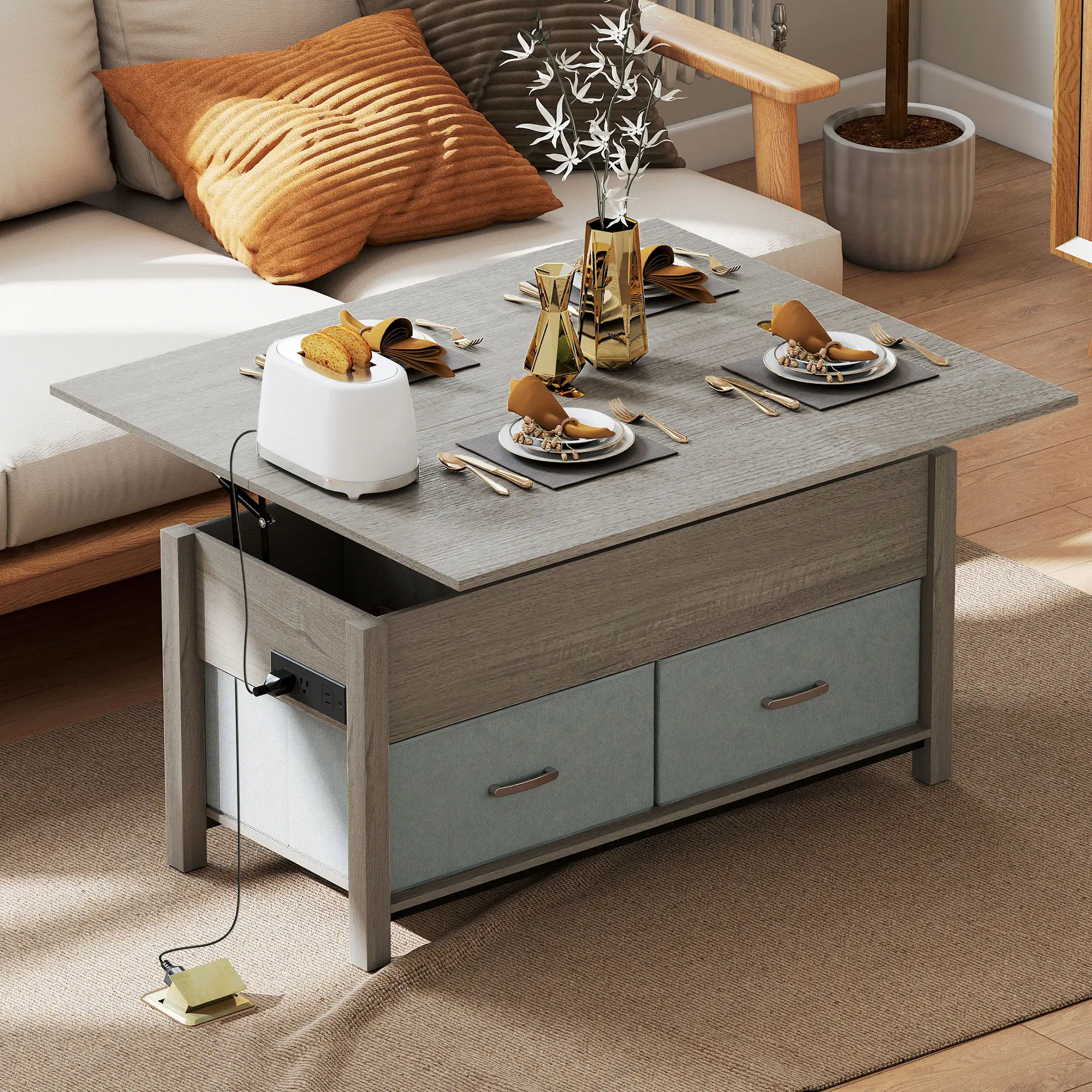 Lift Top Coffee Table, 3 Hidden Compartments, 2 Fabric Drawers, Expandable Top, Charging Station - Image 2