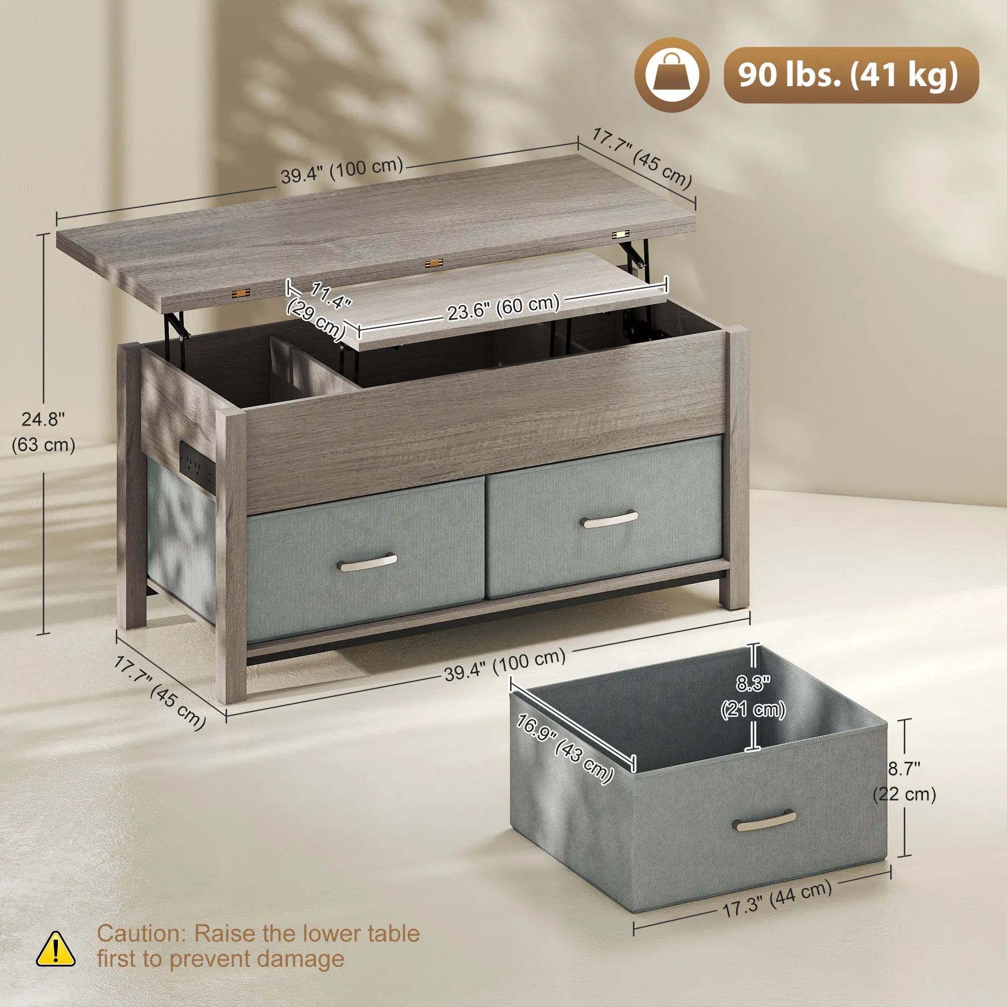Lift Top Coffee Table, 3 Hidden Compartments, 2 Fabric Drawers, Expandable Top, Charging Station - Image 3
