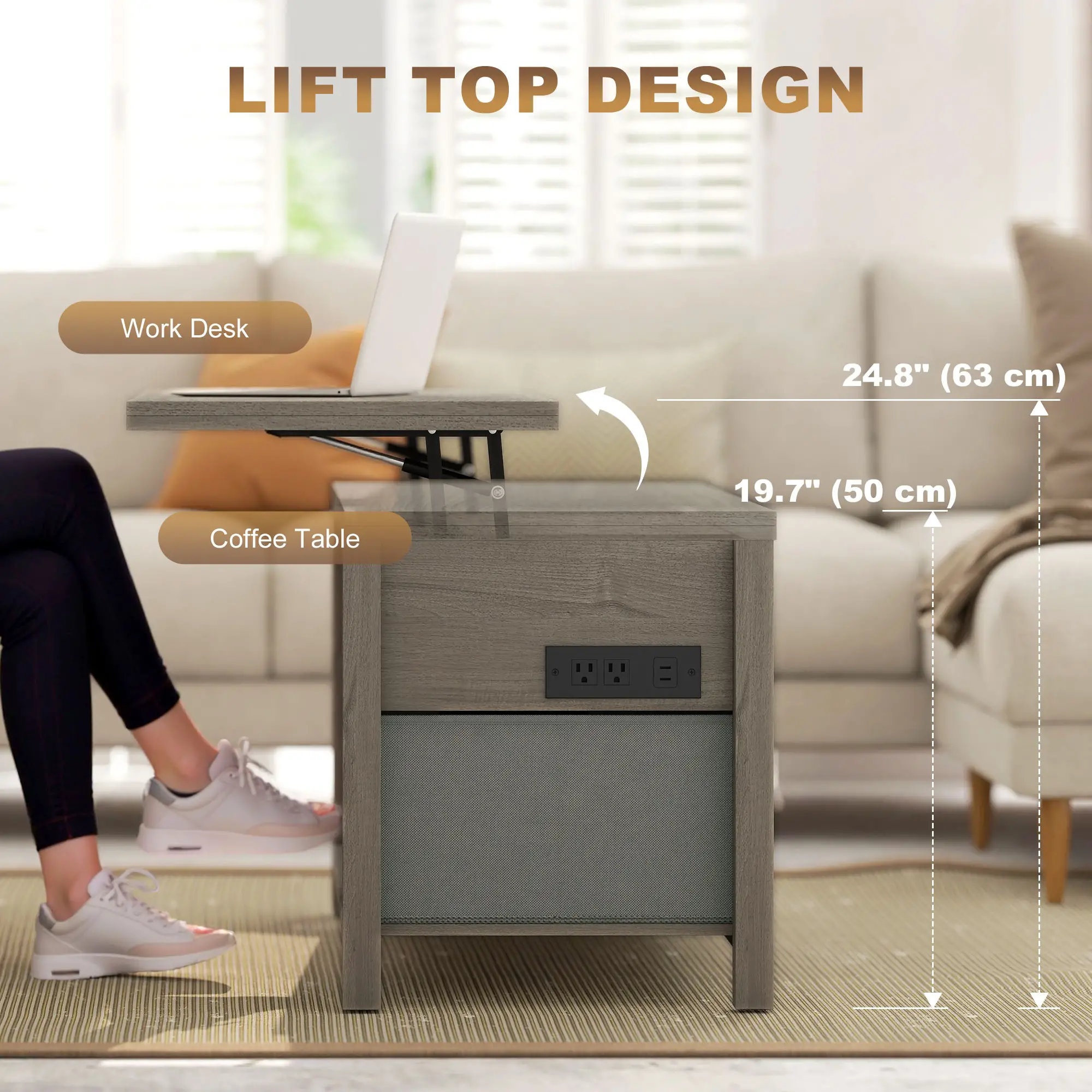Lift Top Coffee Table, 3 Hidden Compartments, 2 Fabric Drawers, Expandable Top, Charging Station - Image 4