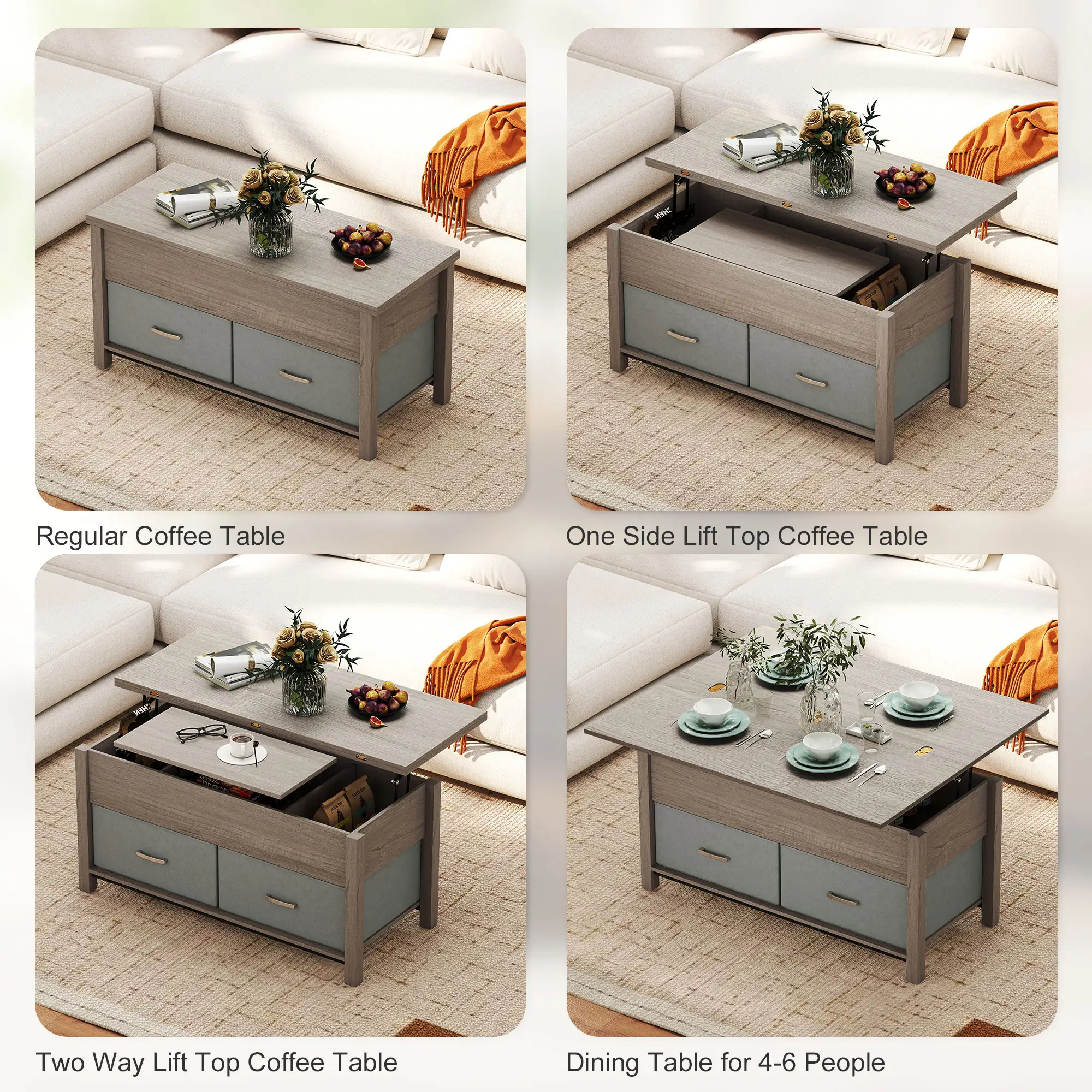 Lift Top Coffee Table, 3 Hidden Compartments, 2 Fabric Drawers, Expandable Top, Charging Station - Image 5