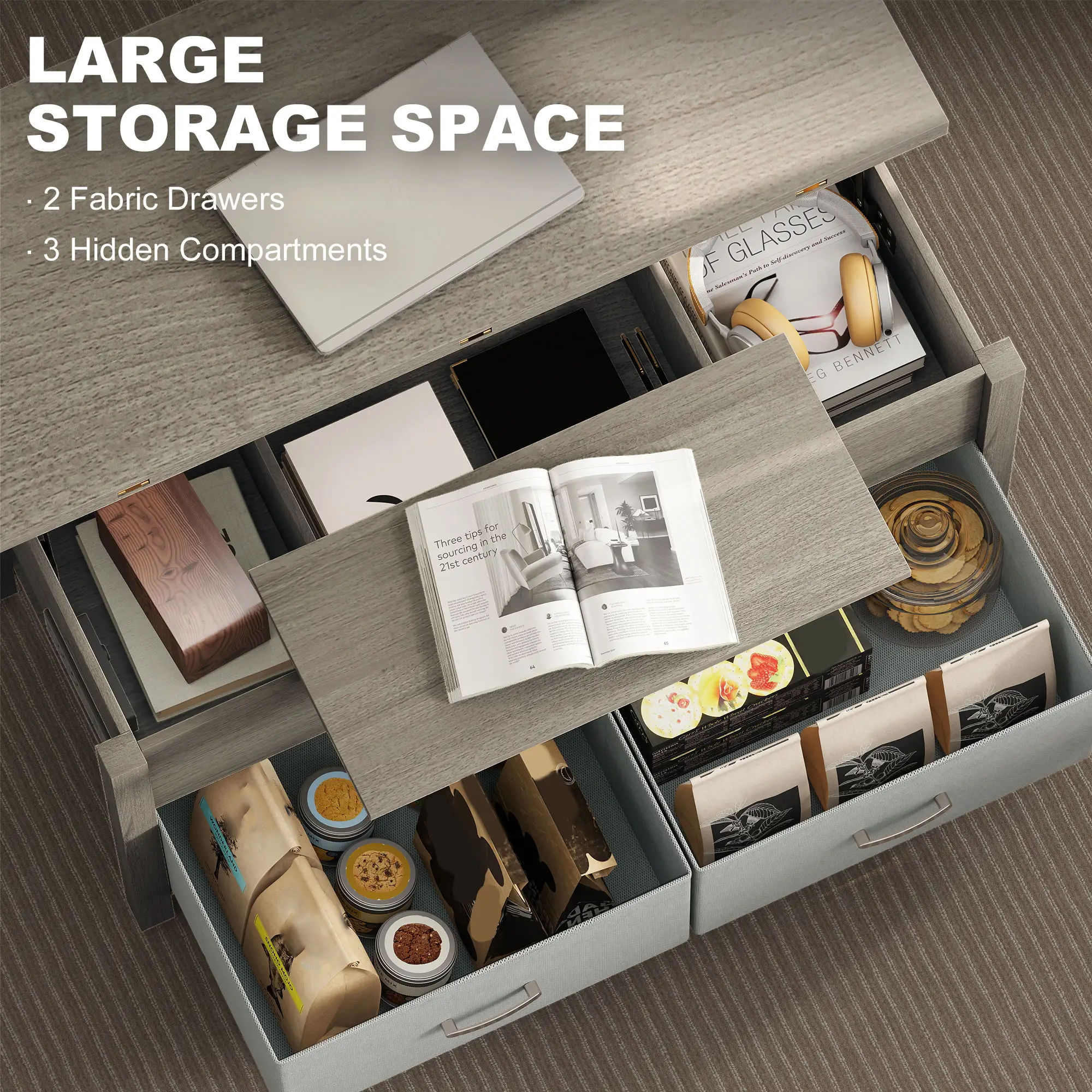 Lift Top Coffee Table, 3 Hidden Compartments, 2 Fabric Drawers, Expandable Top, Charging Station - Image 7