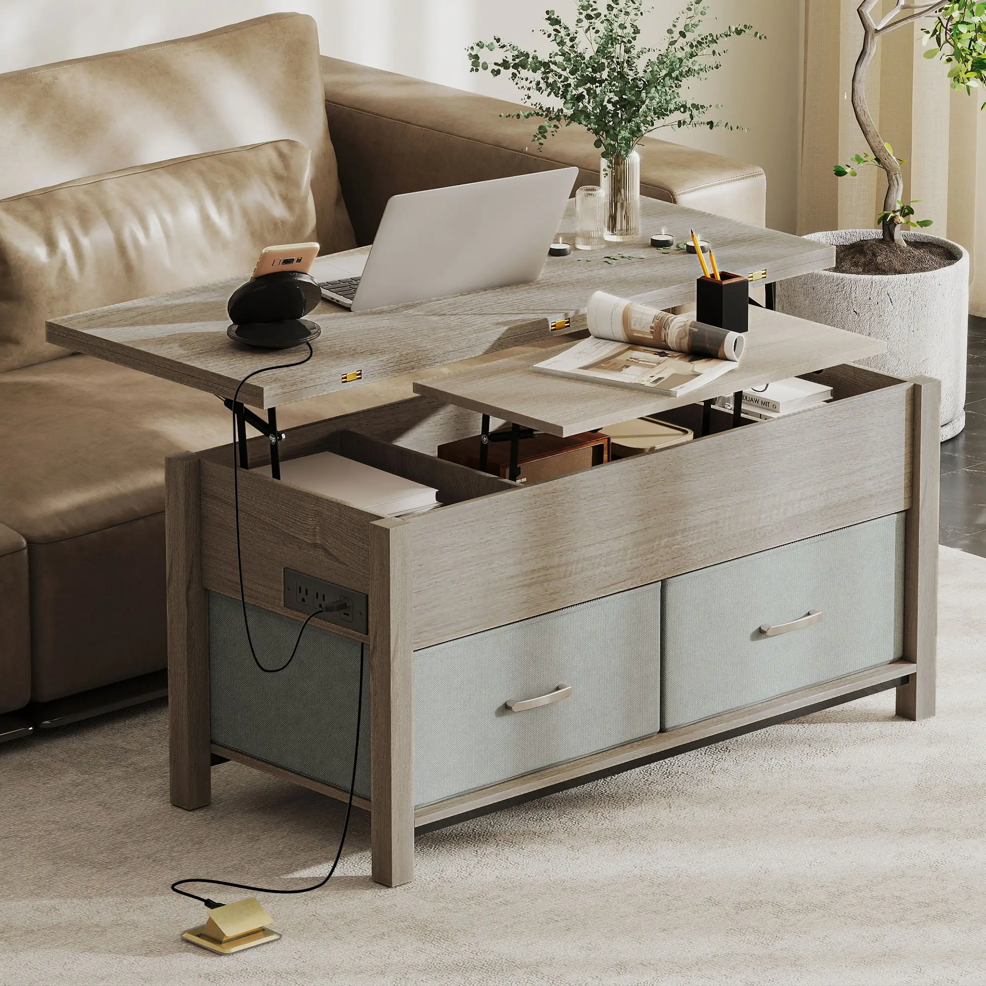 Lift Top Coffee Table, 3 Hidden Compartments, 2 Fabric Drawers, Expandable Top, Charging Station - Image 8