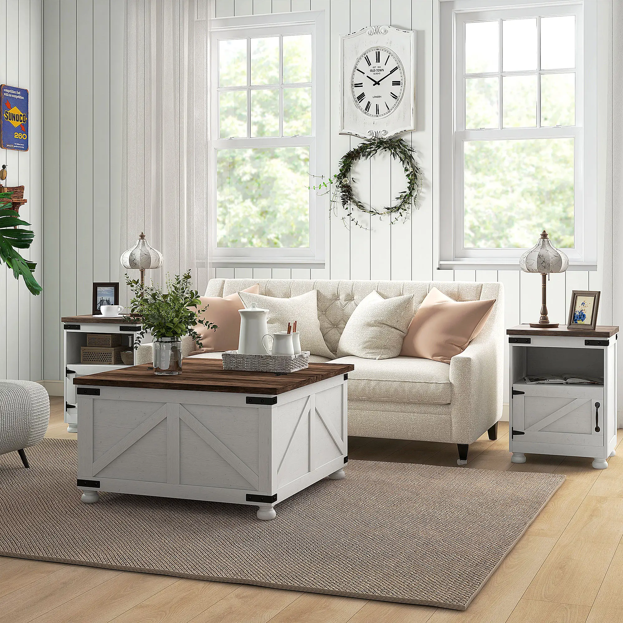 Lift Top Coffee Table, 32" Farmhouse with Hidden Compartment, Antique White, White - Image 2
