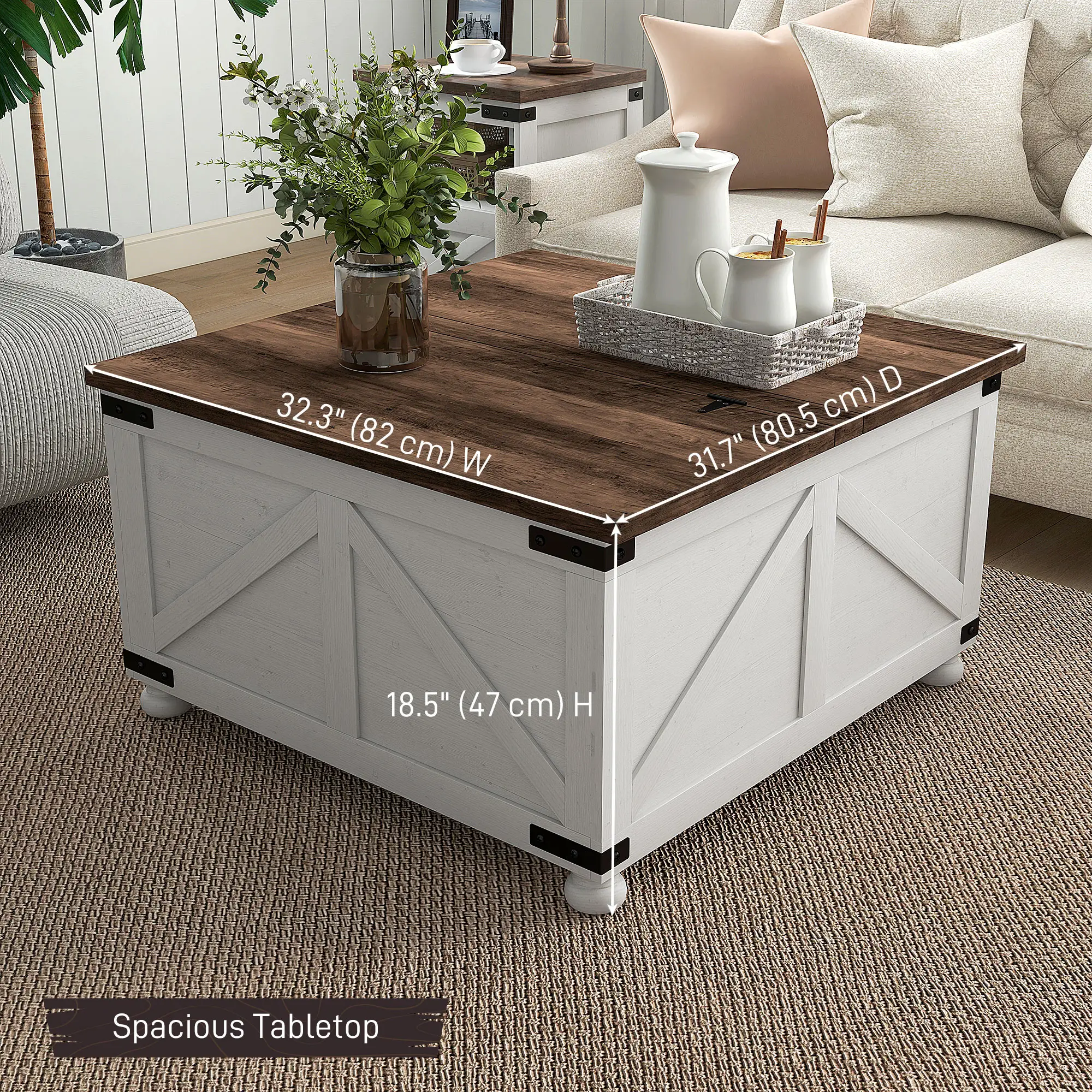 Lift Top Coffee Table, 32" Farmhouse with Hidden Compartment, Antique White, White - Image 3