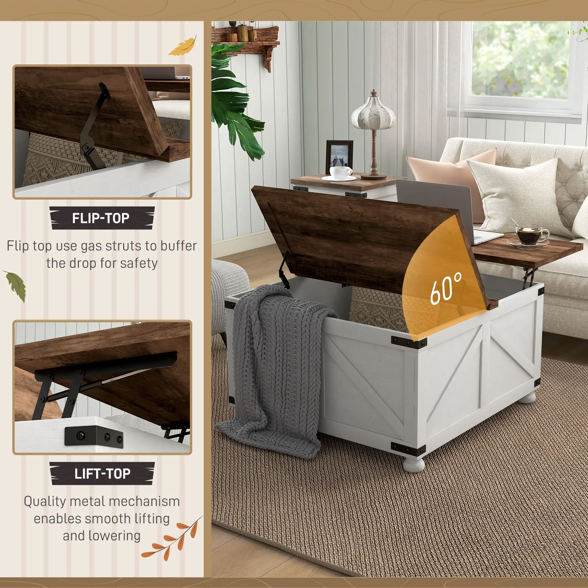 Lift Top Coffee Table, 32" Farmhouse with Hidden Compartment, Antique White, White - Image 4