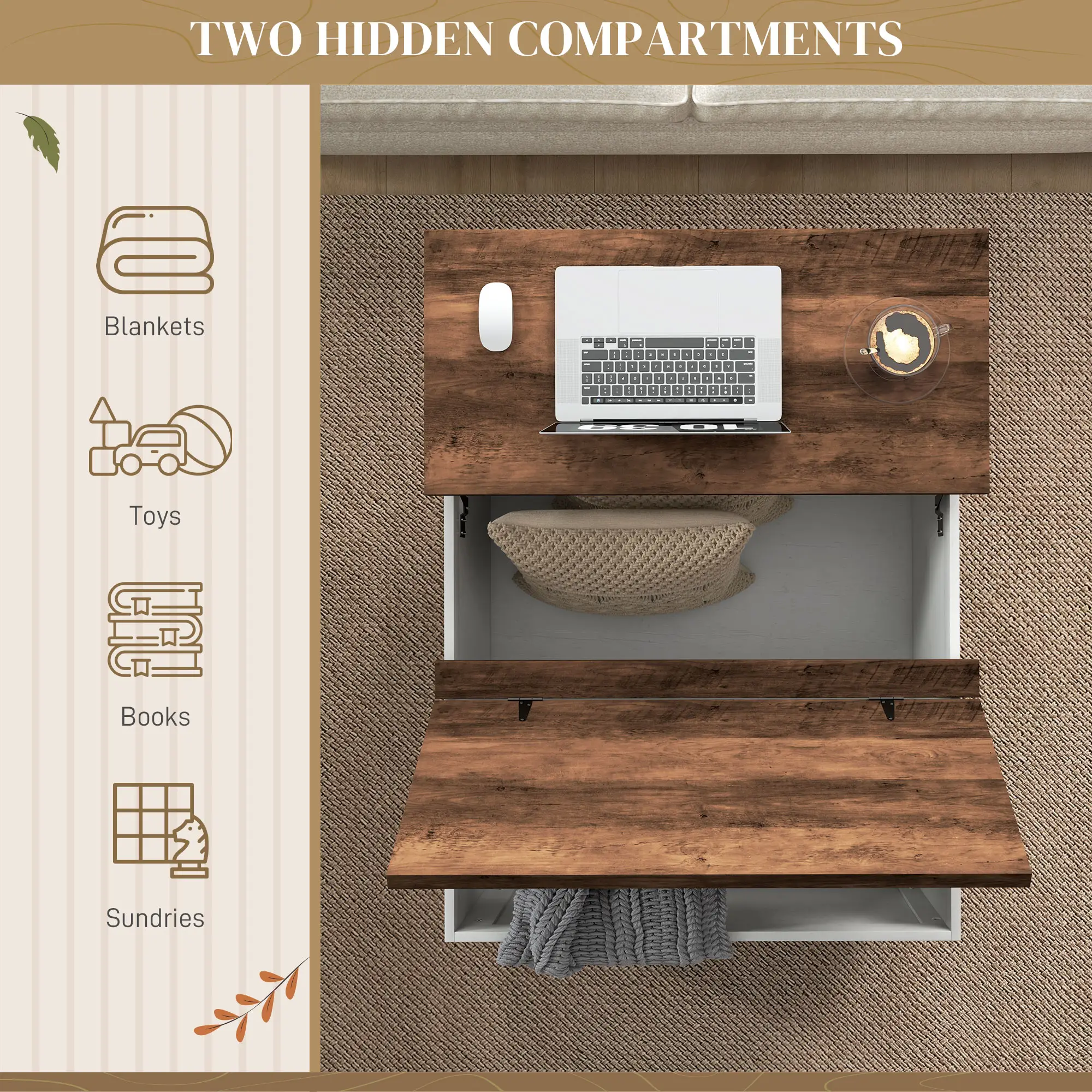 Lift Top Coffee Table, 32" Farmhouse with Hidden Compartment, Antique White, White - Image 5