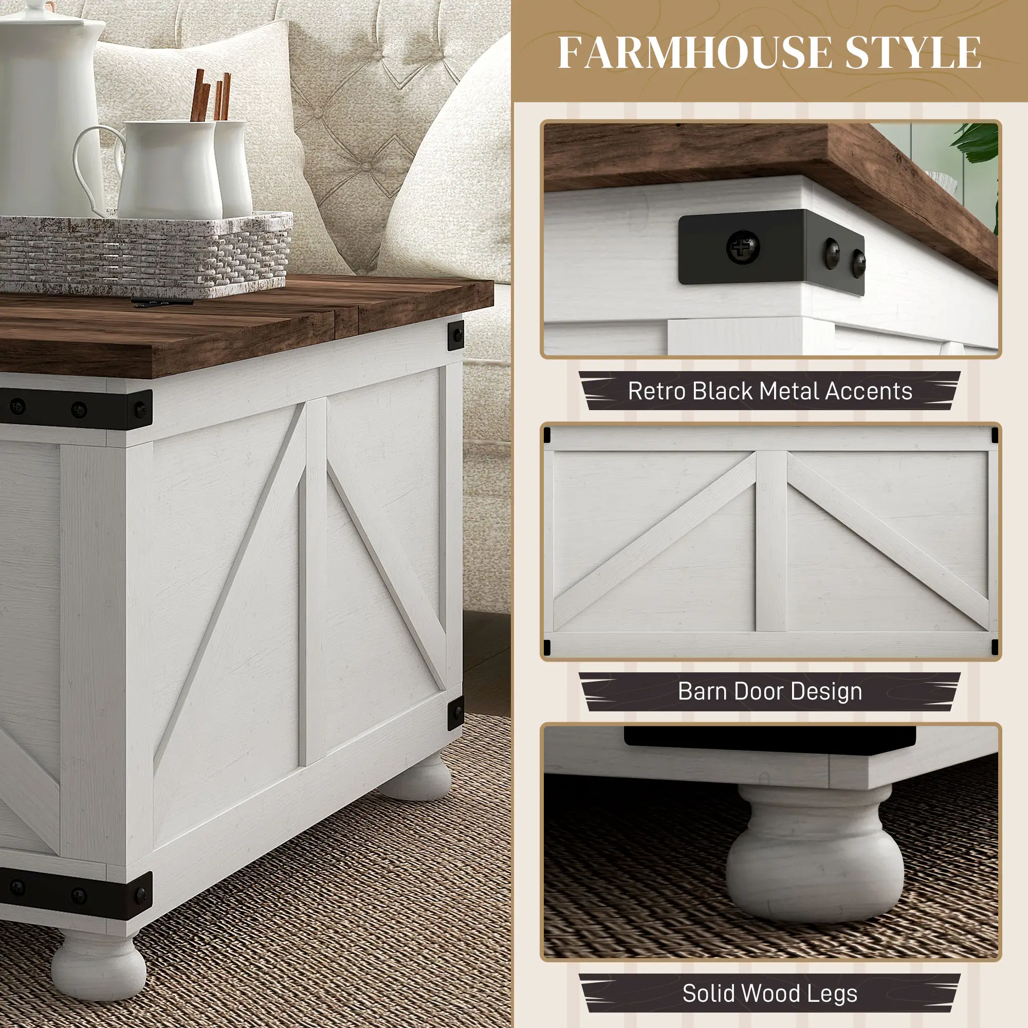 Lift Top Coffee Table, 32" Farmhouse with Hidden Compartment, Antique White, White - Image 6