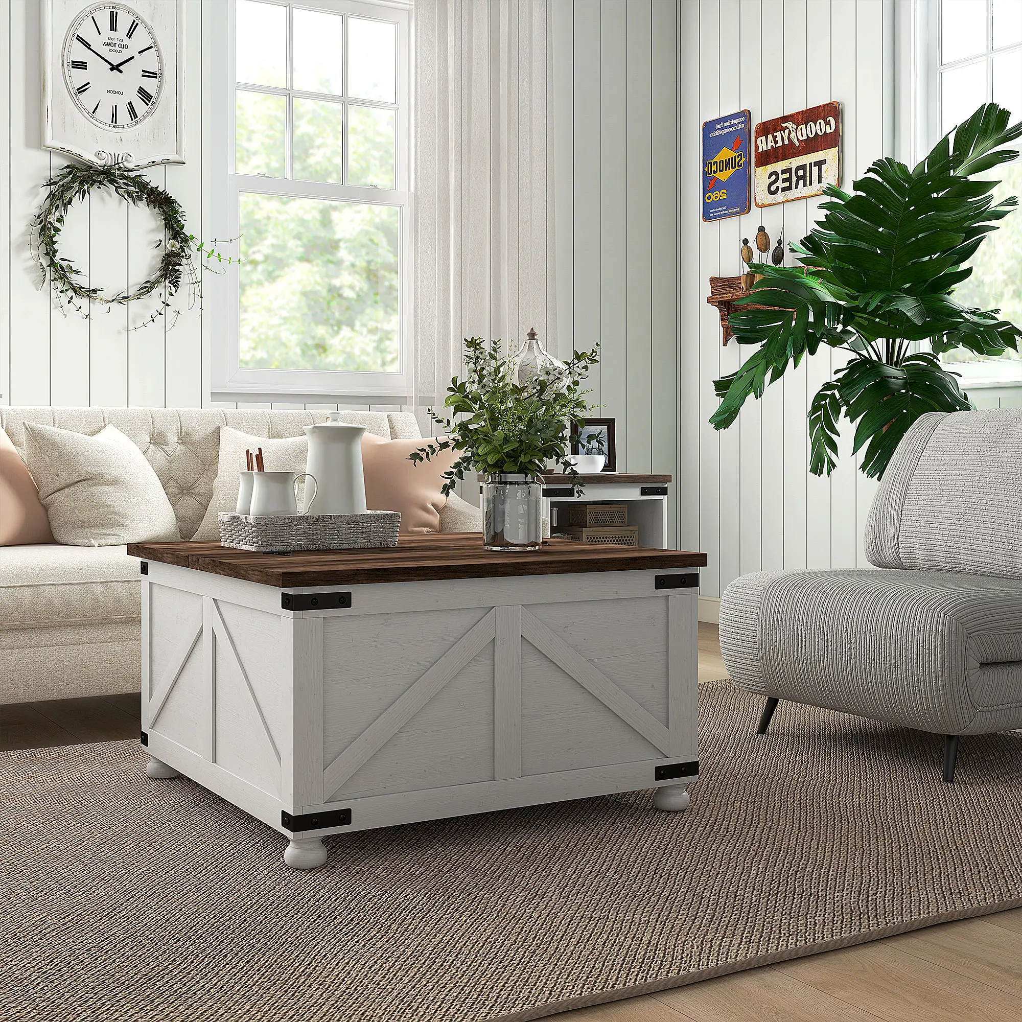 Lift Top Coffee Table, 32" Farmhouse with Hidden Compartment, Antique White, White - Image 7