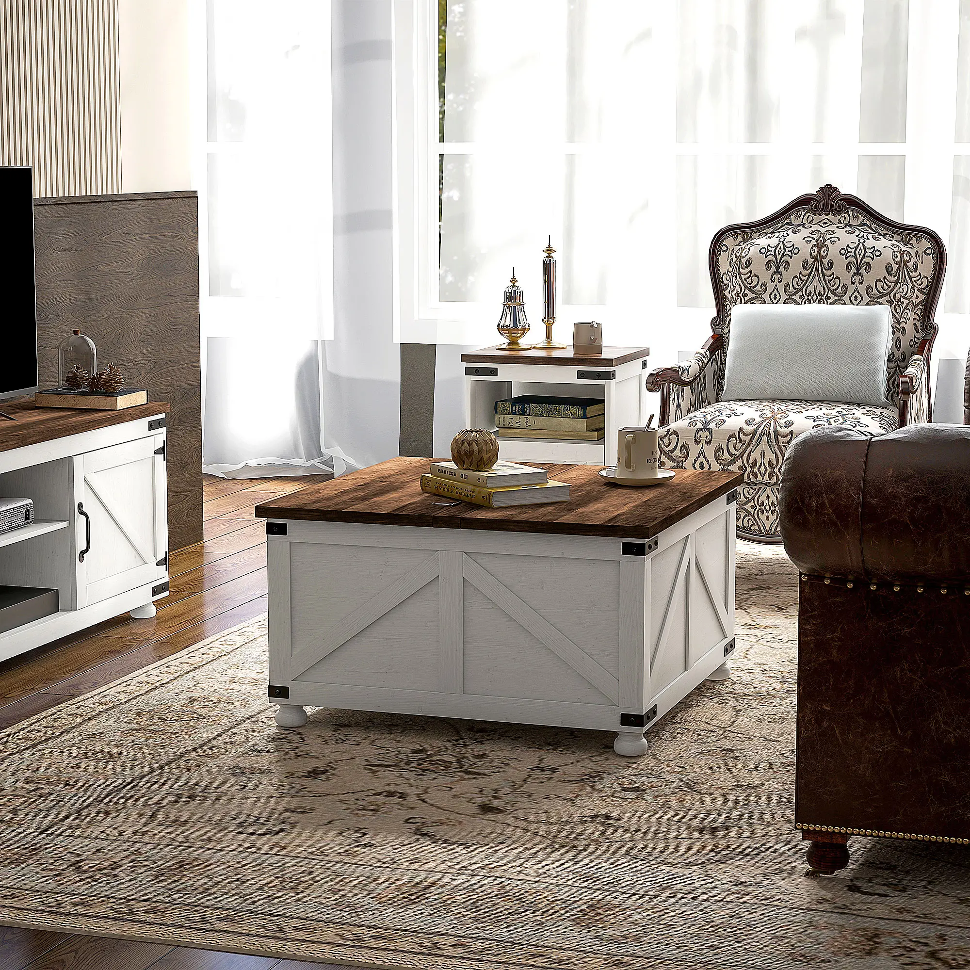 Lift Top Coffee Table, 32" Farmhouse with Hidden Compartment, Antique White, White - Image 8