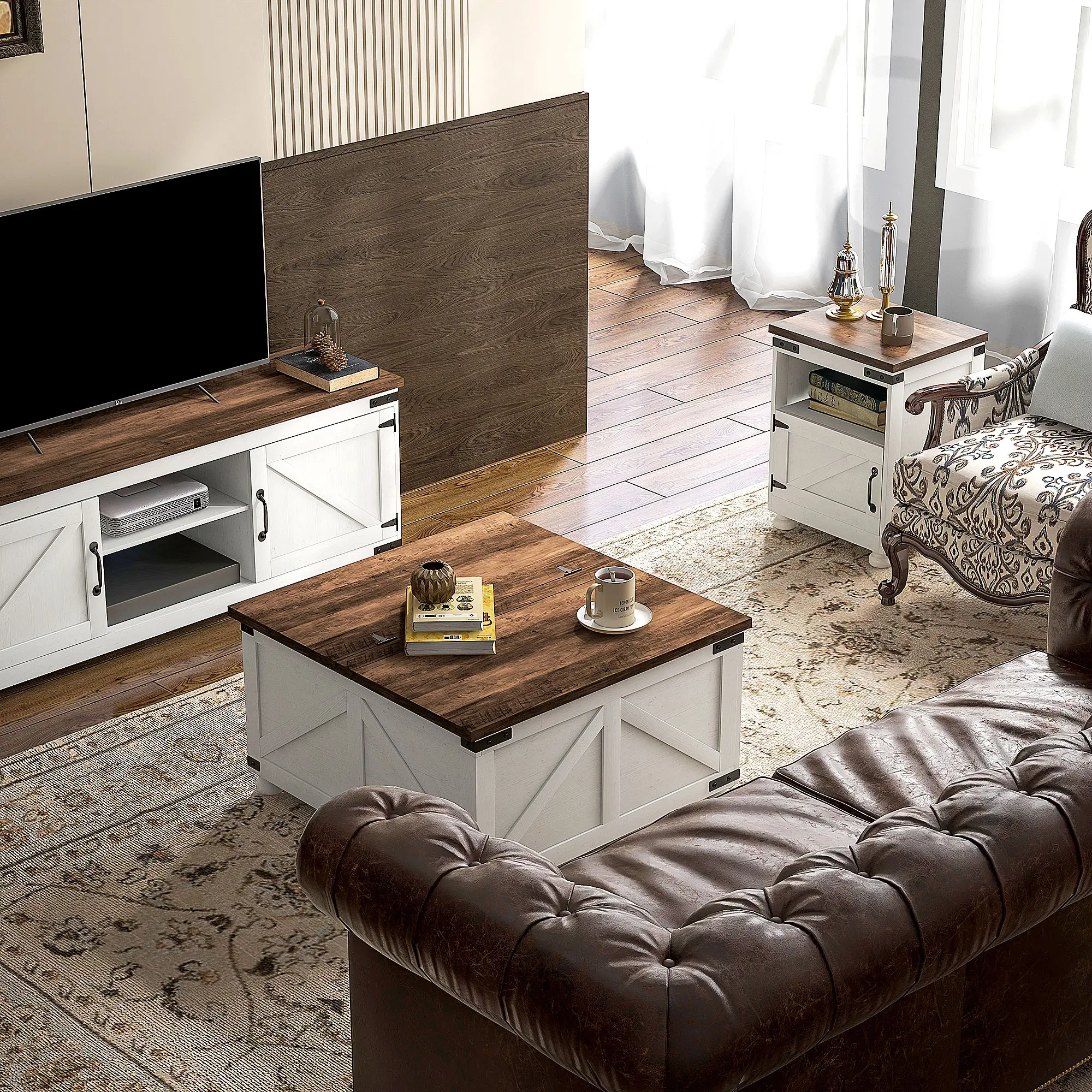 Lift Top Coffee Table, 32" Farmhouse with Hidden Compartment, Antique White, White - Image 9