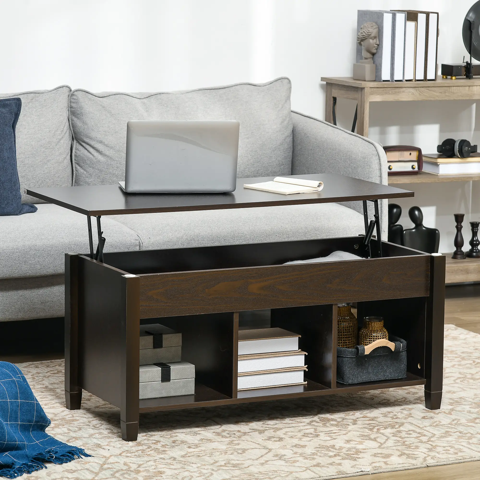 Lift Top Coffee Table, Hidden Storage, 3 Shelves, Espresso - Image 2