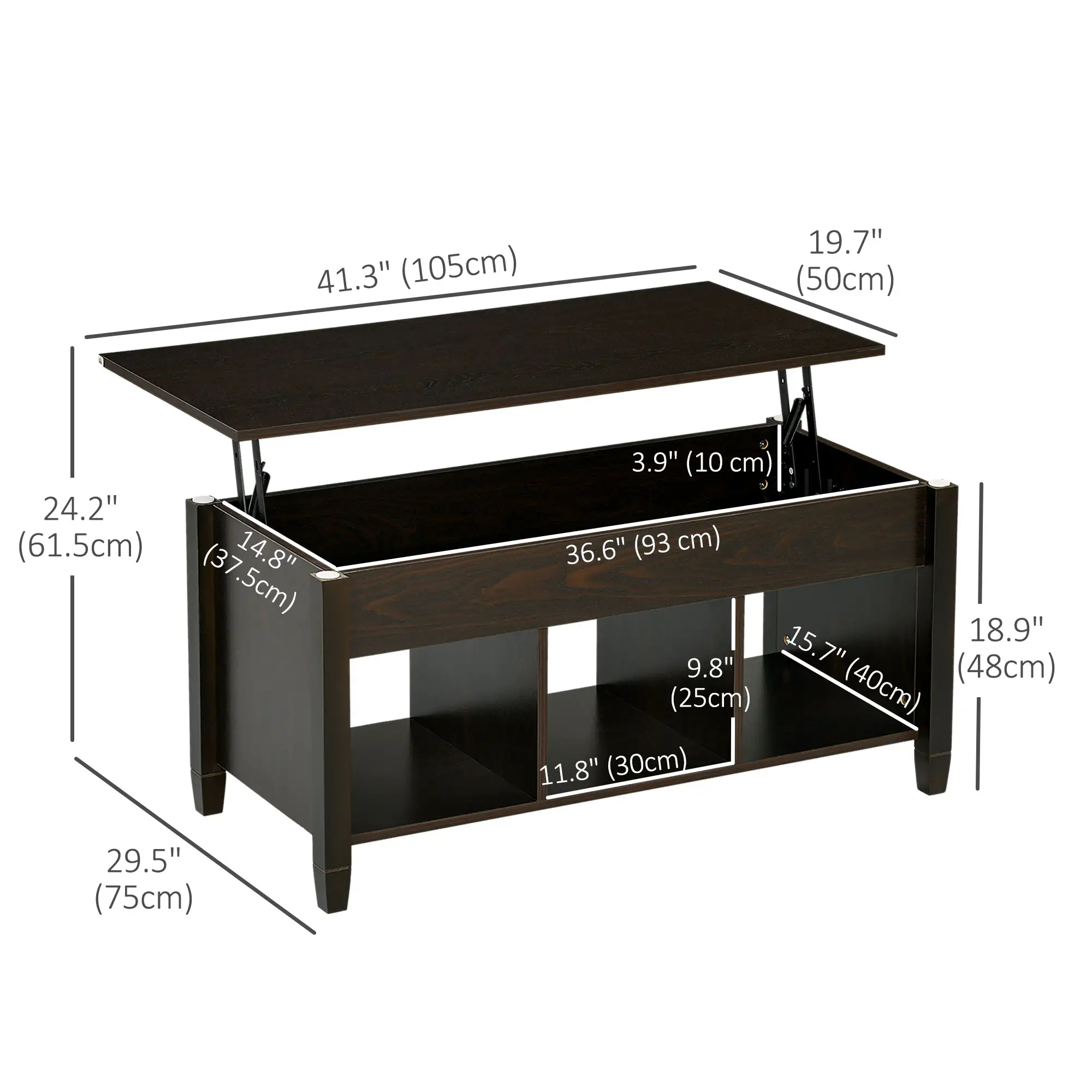 Lift Top Coffee Table, Hidden Storage, 3 Shelves, Espresso - Image 3