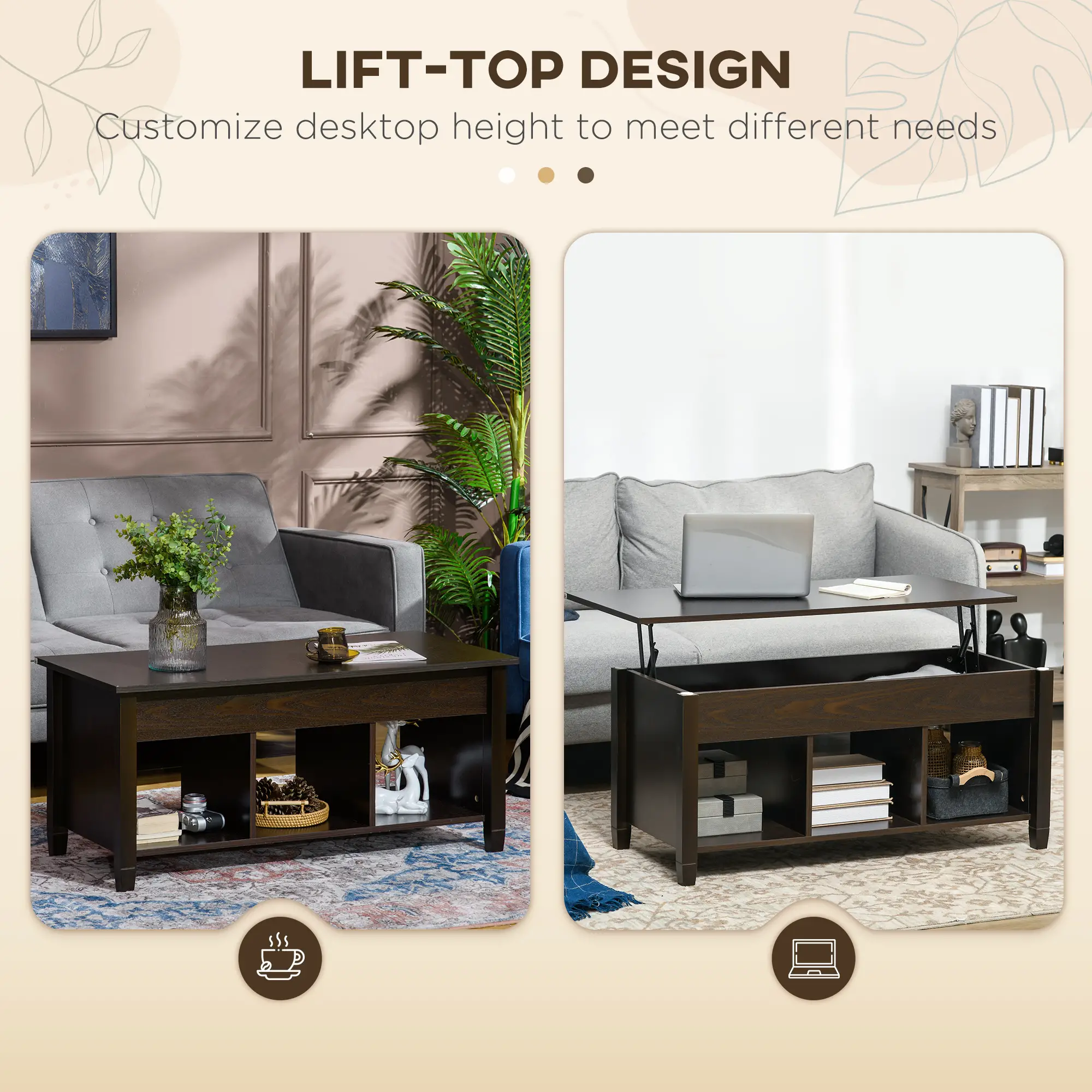 Lift Top Coffee Table, Hidden Storage, 3 Shelves, Espresso - Image 4