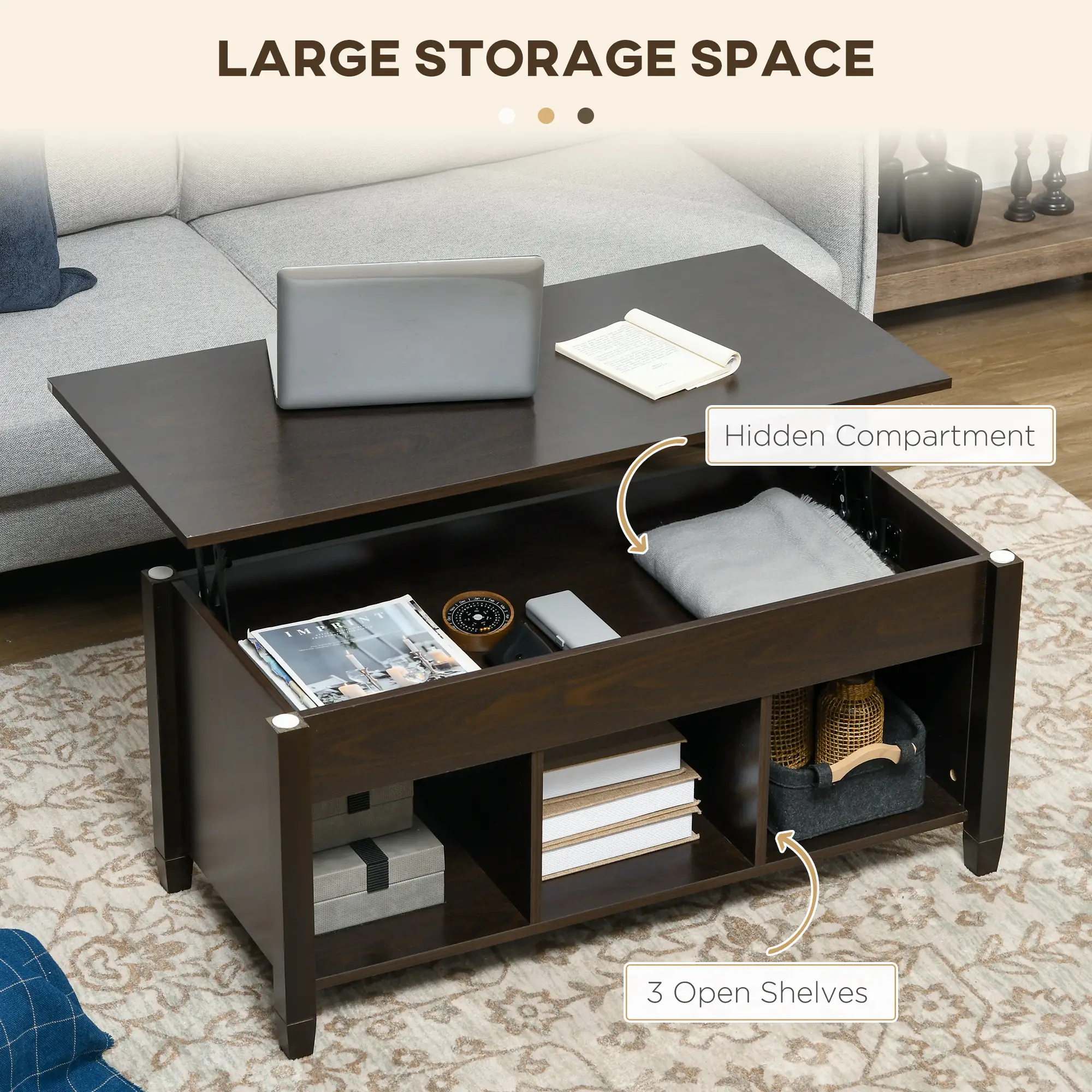Lift Top Coffee Table, Hidden Storage, 3 Shelves, Espresso - Image 5