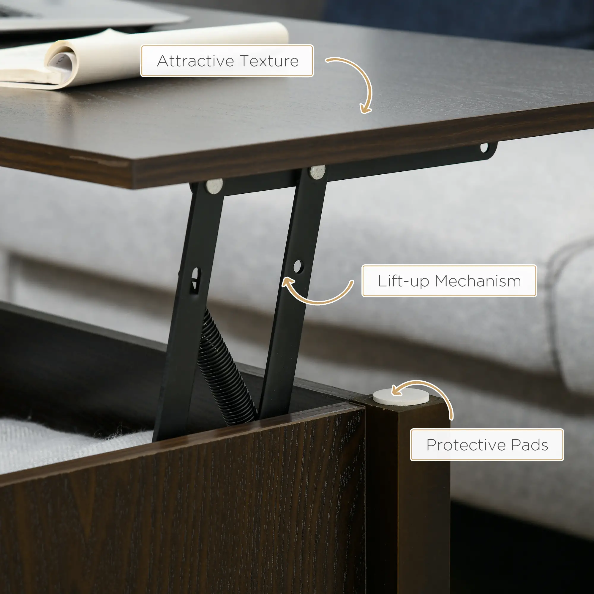 Lift Top Coffee Table, Hidden Storage, 3 Shelves, Espresso - Image 6