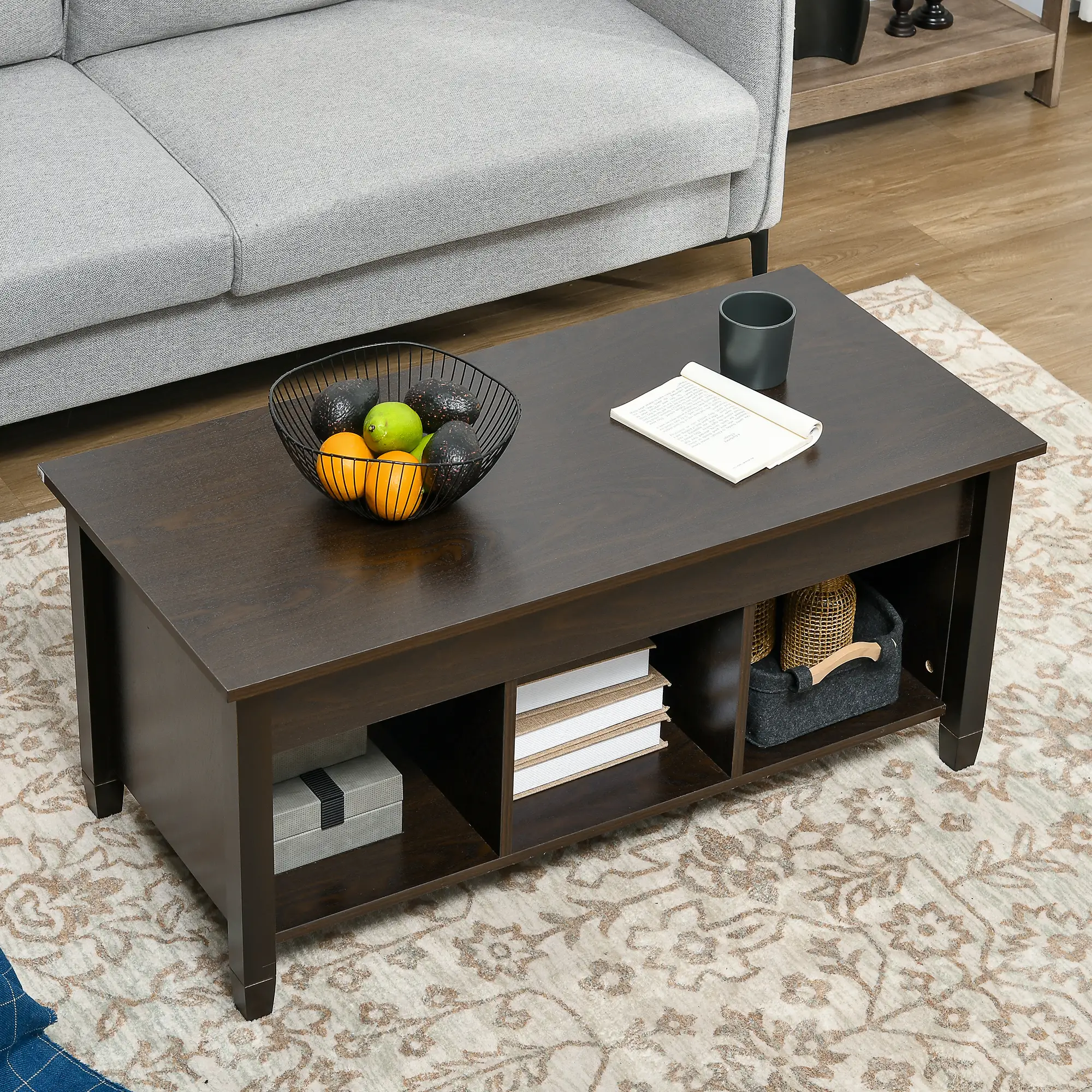 Lift Top Coffee Table, Hidden Storage, 3 Shelves, Espresso - Image 7
