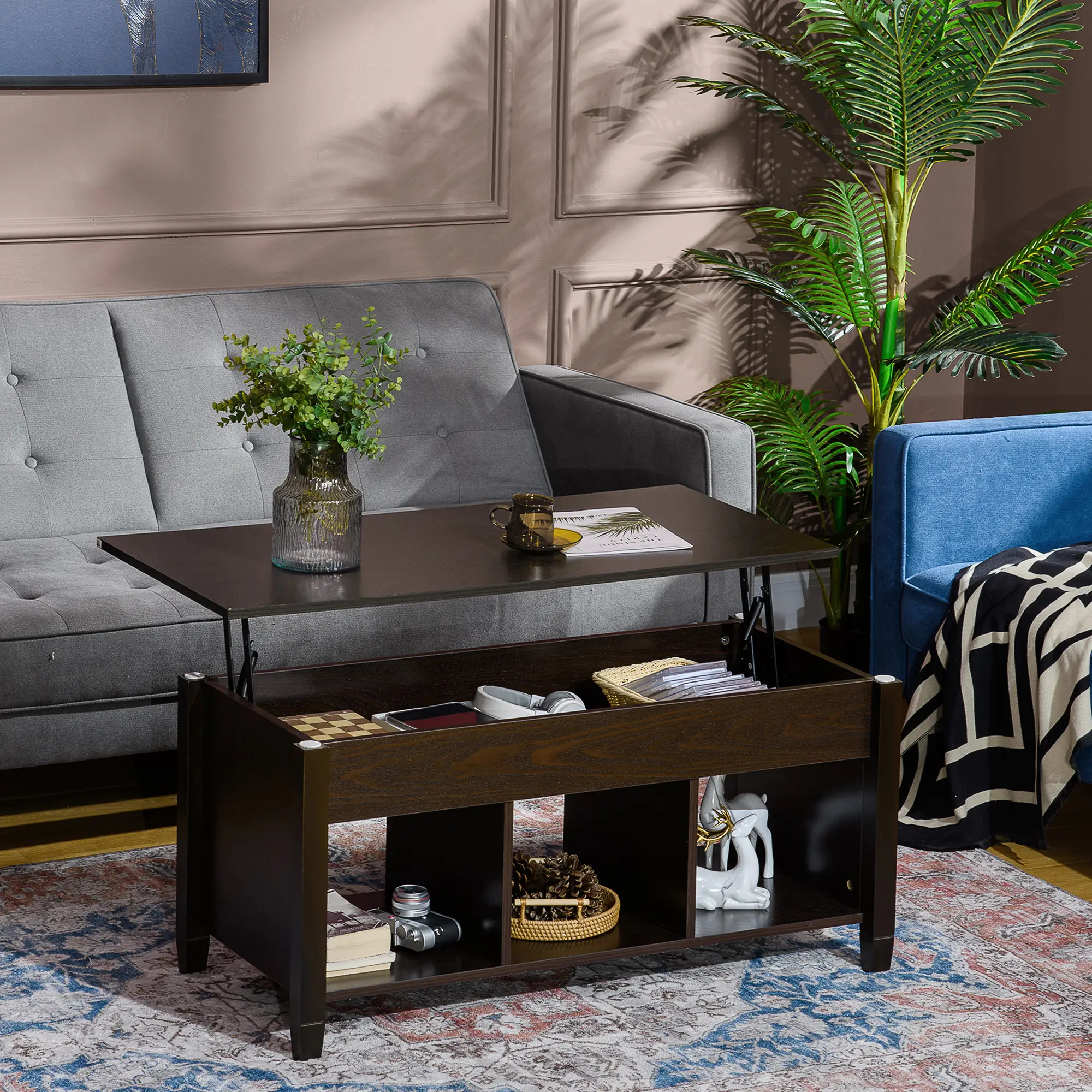 Lift Top Coffee Table, Hidden Storage, 3 Shelves, Espresso - Image 8