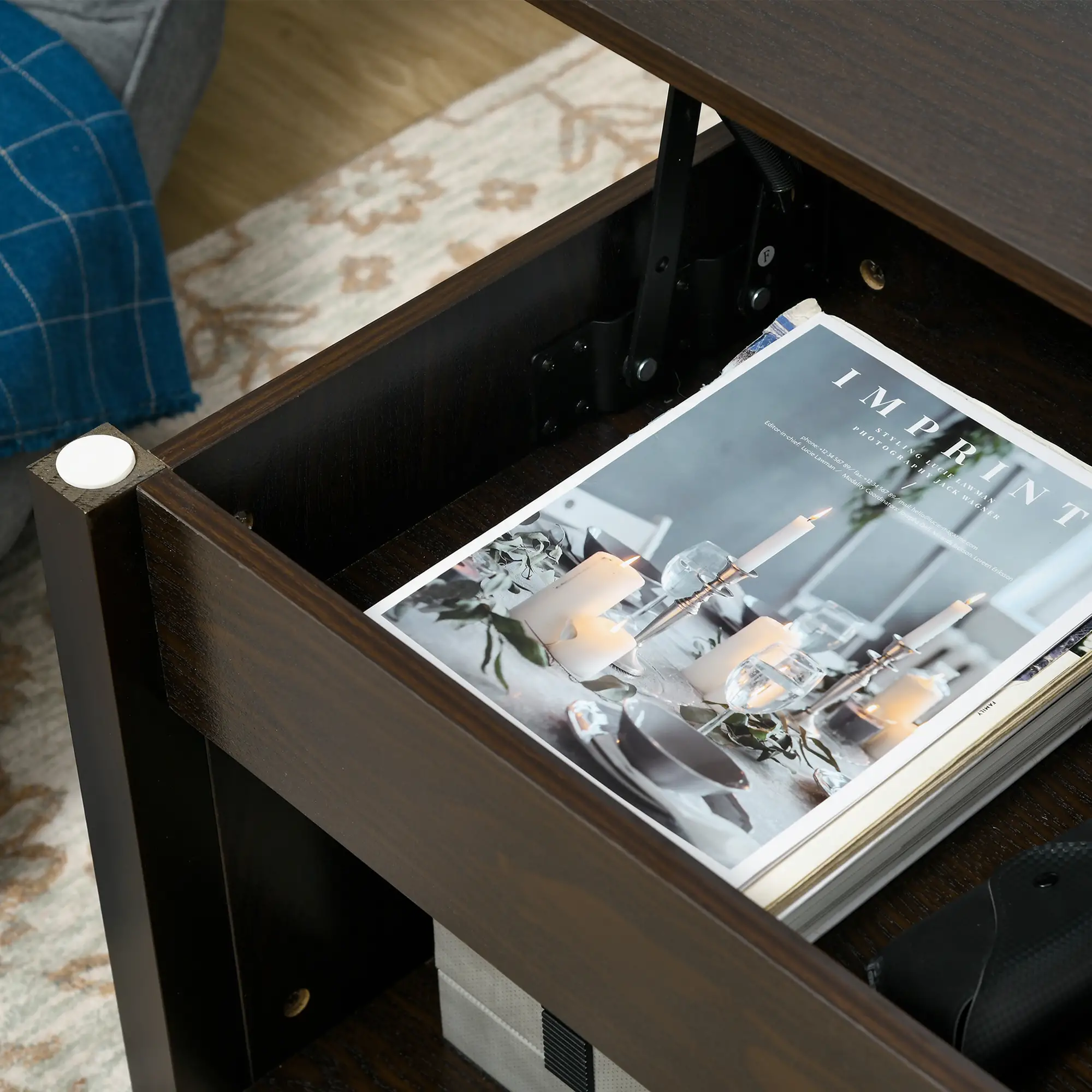 Lift Top Coffee Table, Hidden Storage, 3 Shelves, Espresso - Image 9
