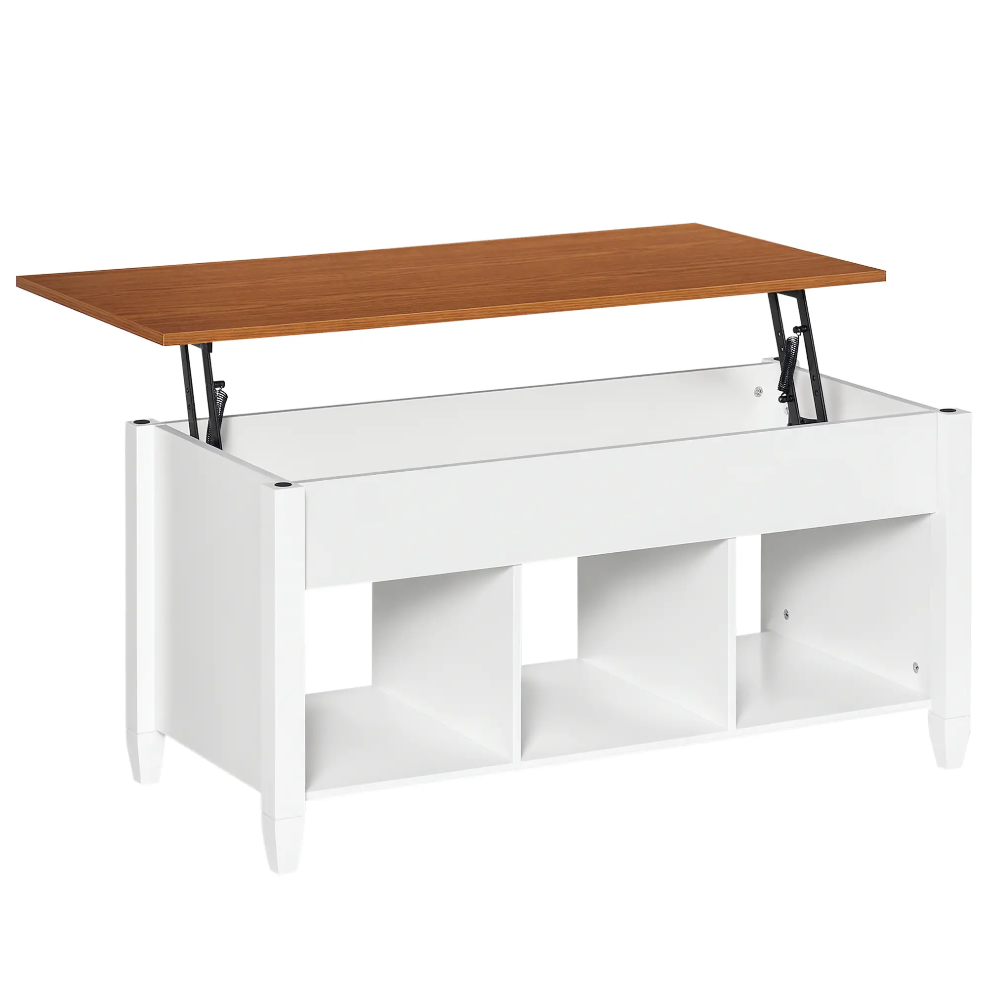 Lift Top Coffee Table, Hidden Storage, 3 Shelves, White and Brown
