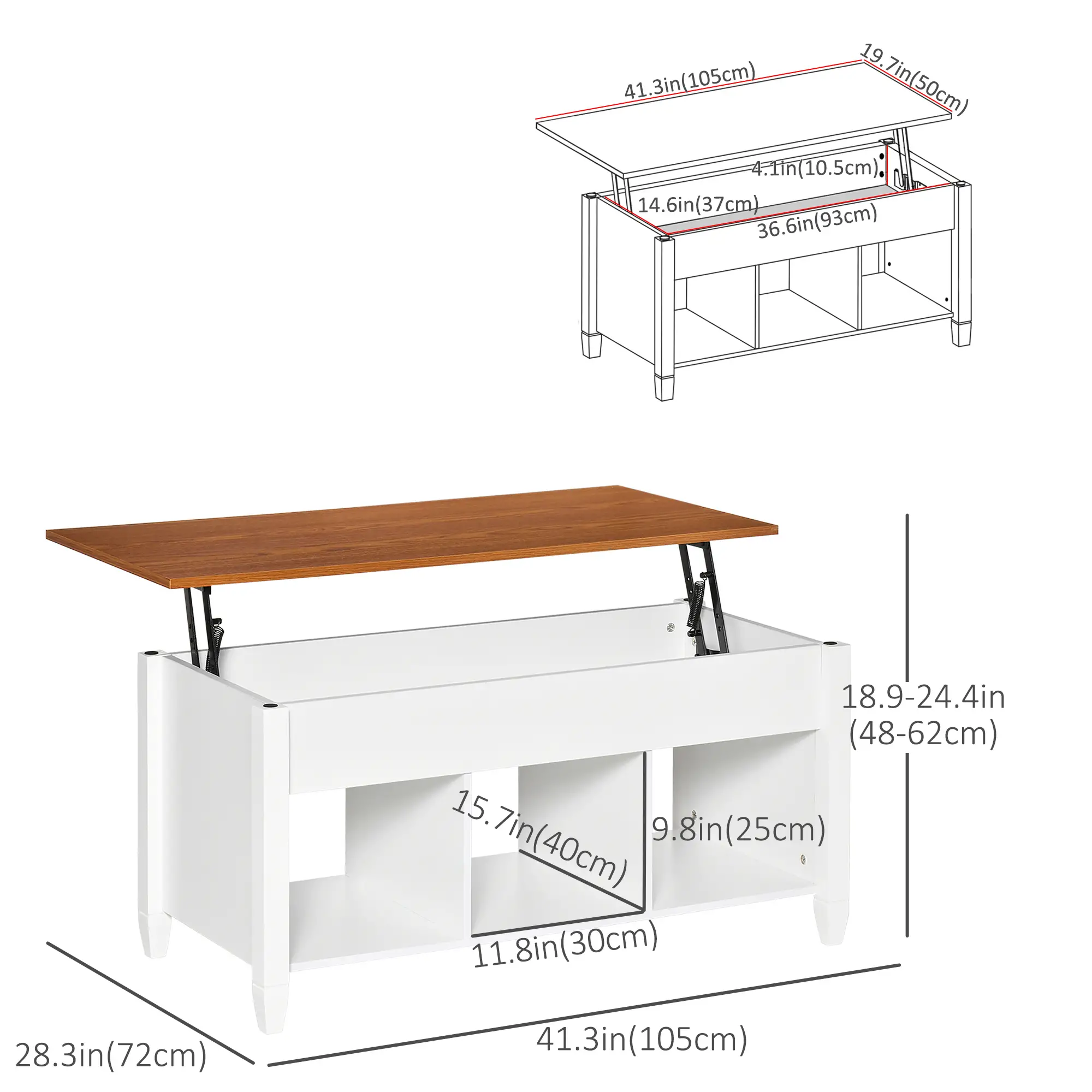 Lift Top Coffee Table, Hidden Storage, 3 Shelves, White and Brown - Image 3