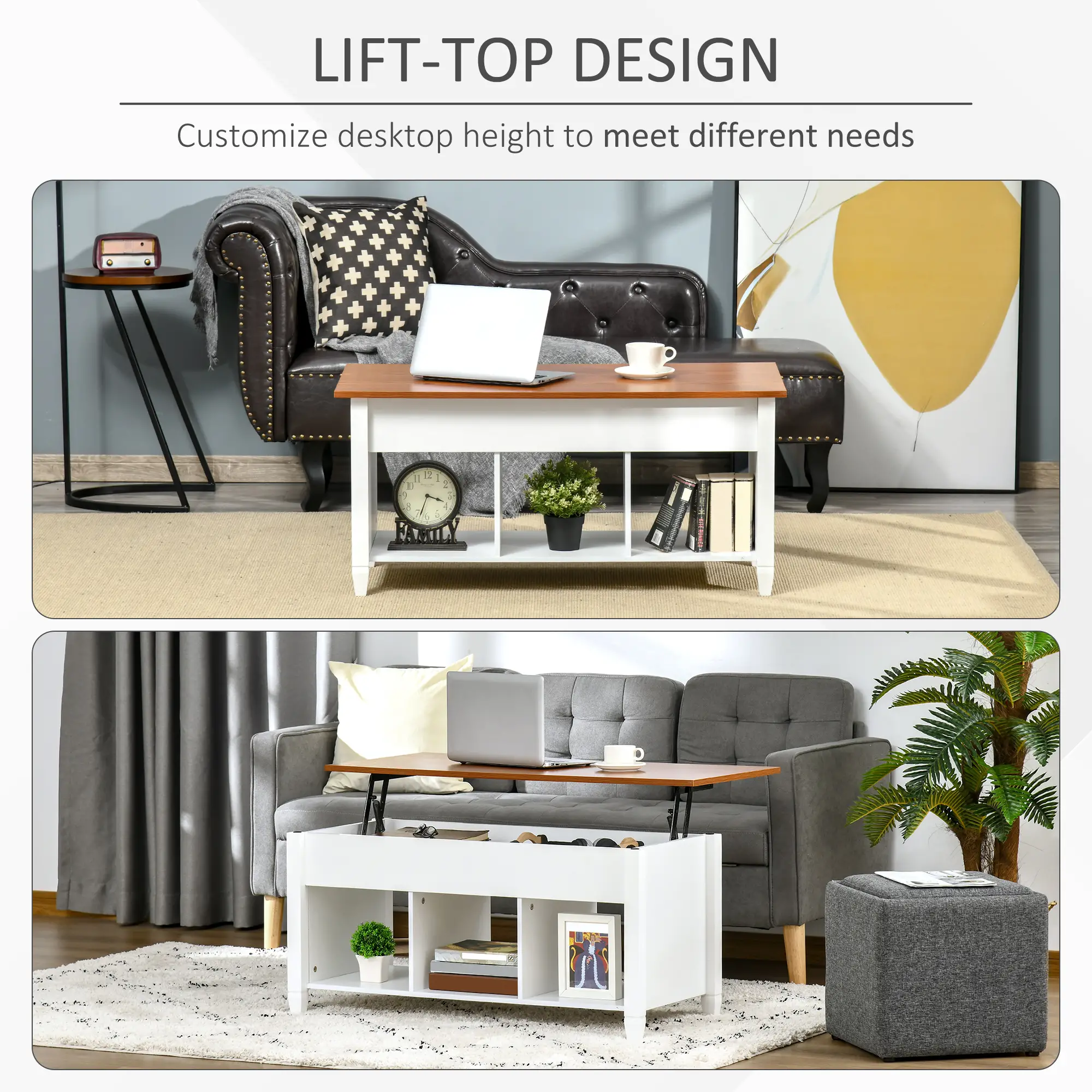 Lift Top Coffee Table, Hidden Storage, 3 Shelves, White and Brown - Image 4