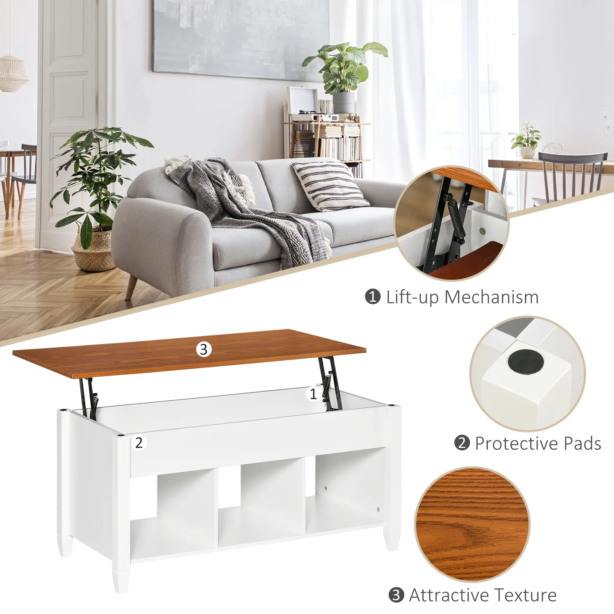 Lift Top Coffee Table, Hidden Storage, 3 Shelves, White and Brown - Image 6