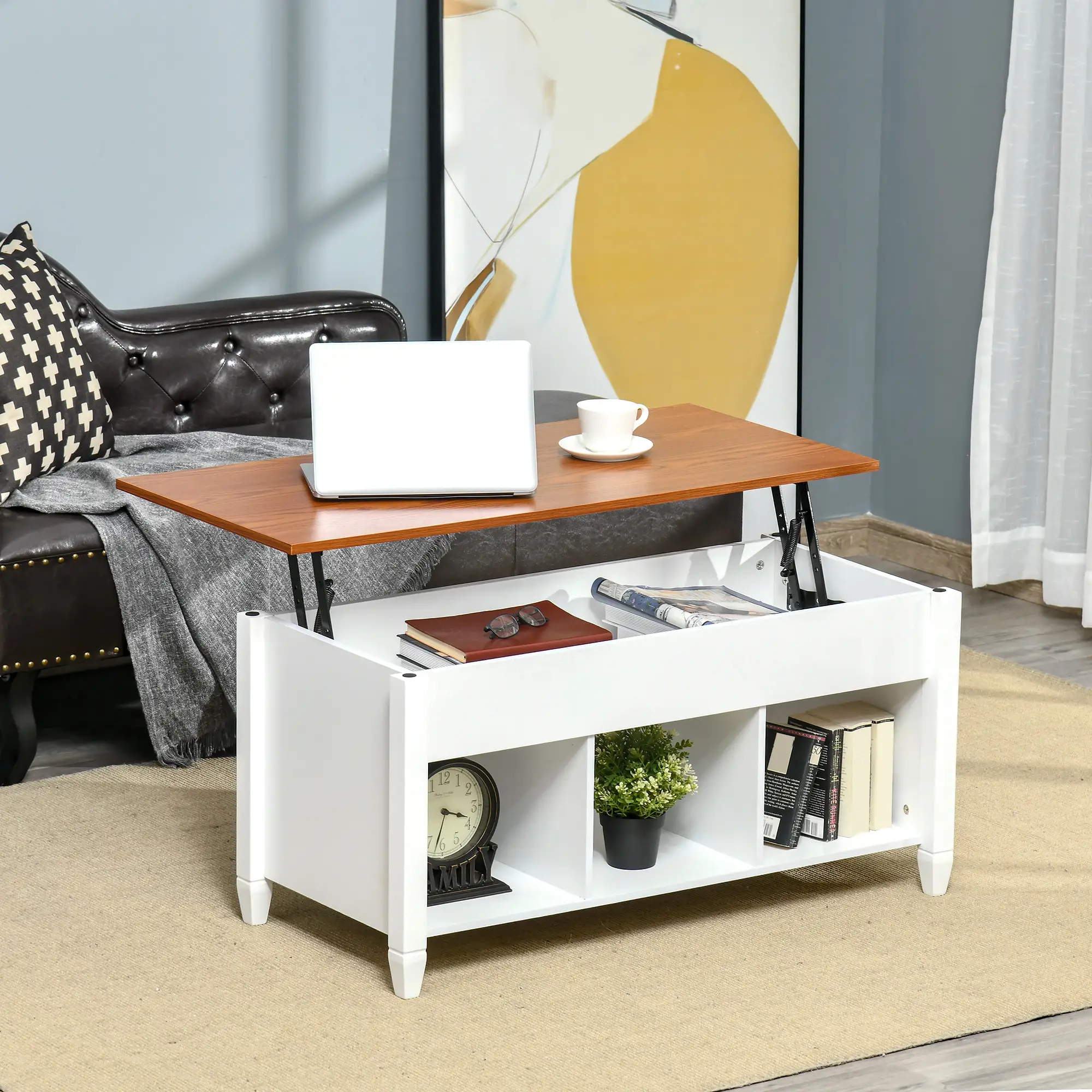 Lift Top Coffee Table, Hidden Storage, 3 Shelves, White and Brown - Image 8