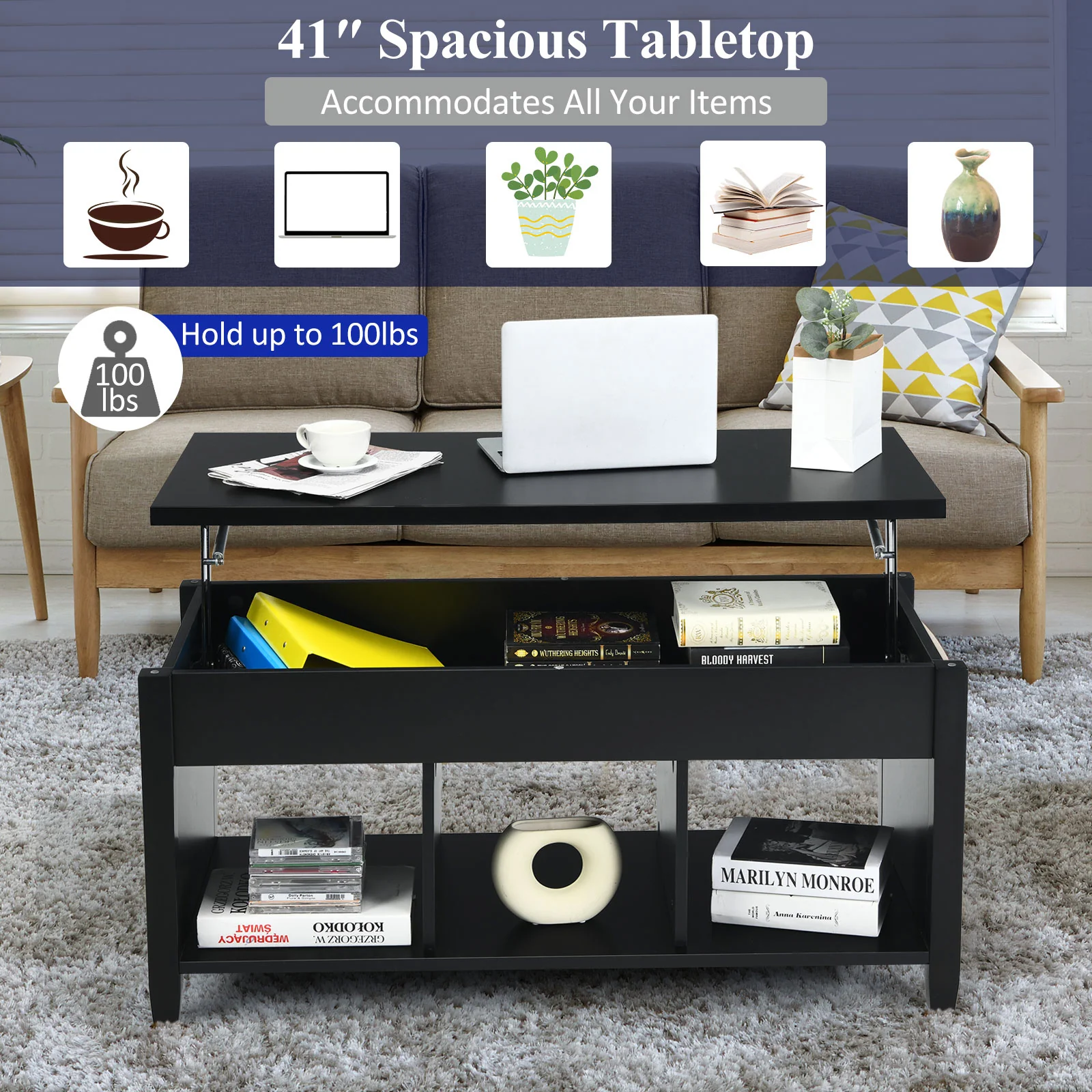 Lift Top Coffee Table, Hidden Storage, Black - Image 9