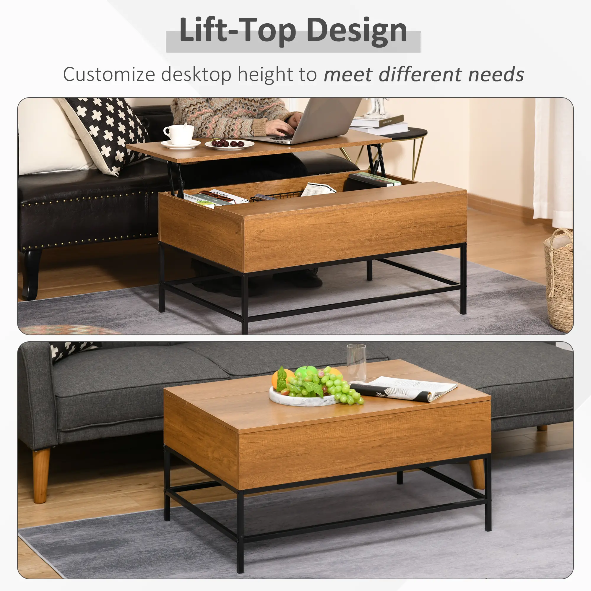 Lift Top Coffee Table, Hidden Storage, Living Room, Teak - Image 4